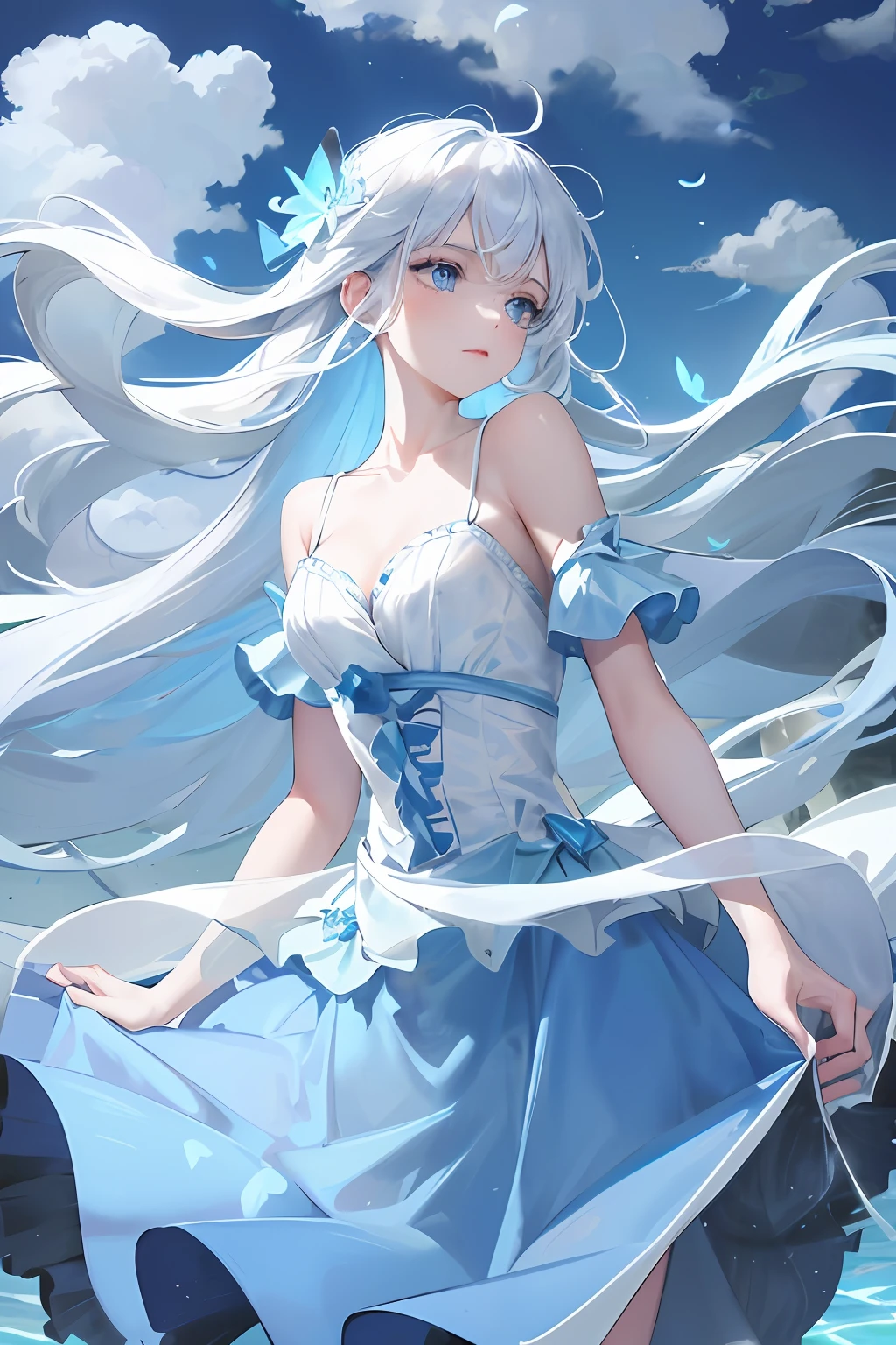 ,blue skirts,1girll,blue color eyes,long white hair,Side Body,Standing in the sea,Glowing blue butterfly,falling flower petals,exteriors,clouds,Detail enhancement,best qualtiy,Perfect image quality,The wind blows the hair,Elegant and lightweight blue silk dress,Beautiful and gentle