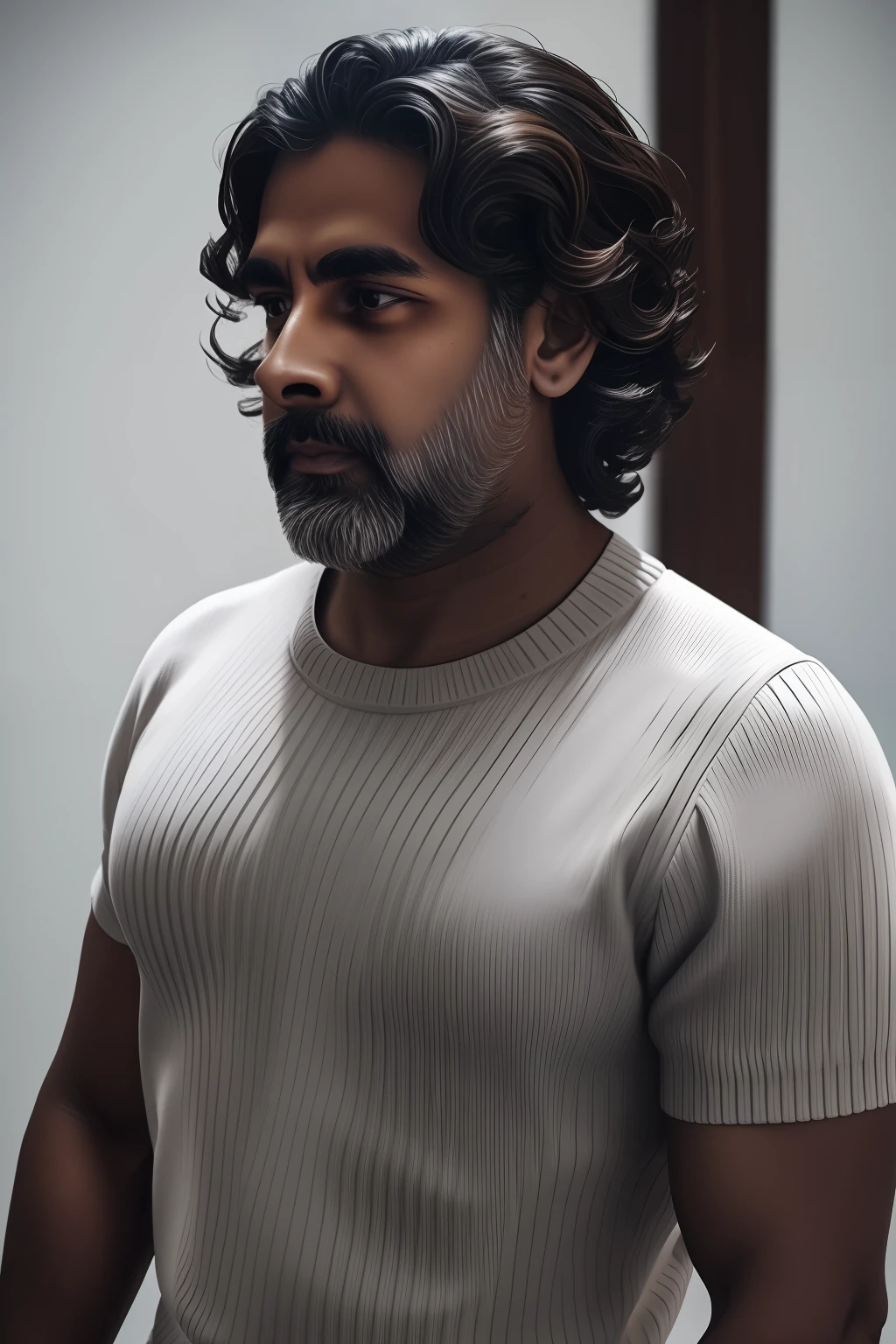 model shoot style photo of brown man, short wavy hair, in white sweater, no muscles showing, looks at camera, ƒ/2.4, 7.9mm, 1/850, ISO 50