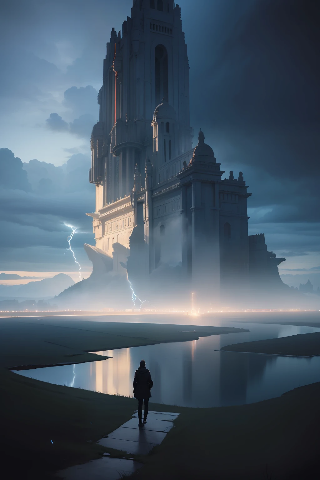 4k, photo realism, hyper realisitc, the palace of God, Temple of the Sleeping God, The Temple of the Ruler of the Universe, Black Sky, Low cloud cover, Lightning discharges, Huge panorama