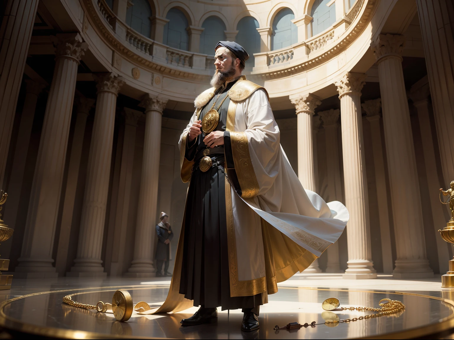 The Pharisee surrounded by symbols of wealth and status, while the Tax Collector stands alone.