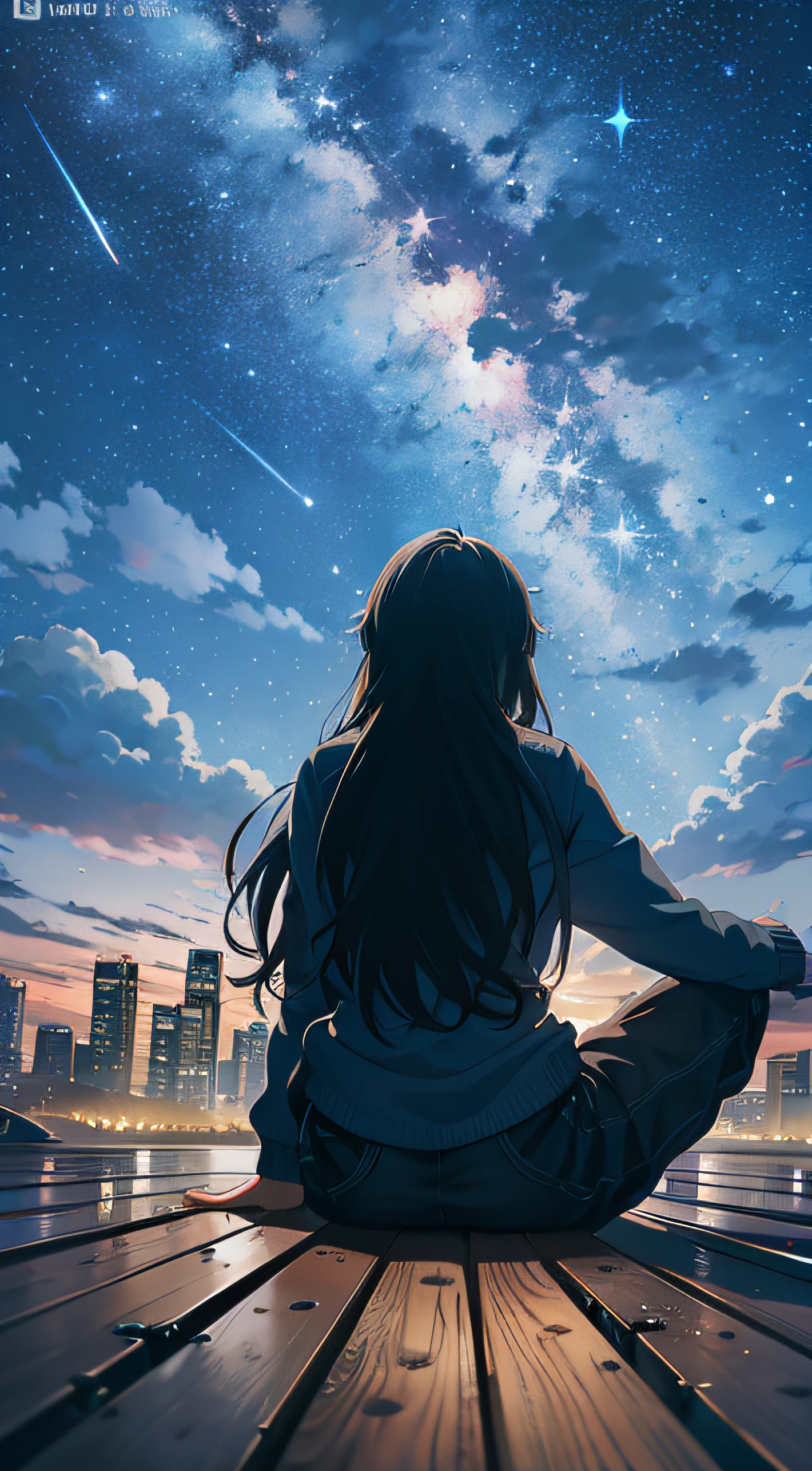 Anime girl sitting on a dock looking out over town at night, Makoto Shinkai Cirilo Rolando, Anime Art Wallpaper 4K, Anime Art Wallpaper 4K, Anime Art Wallpaper 8K, cosmic skies. por makoto shinkai, Papel de parede anime 4k, 4k anime wallpapers, Anime Wallpaper 4k, girl looks at the space, estilo anime 4K