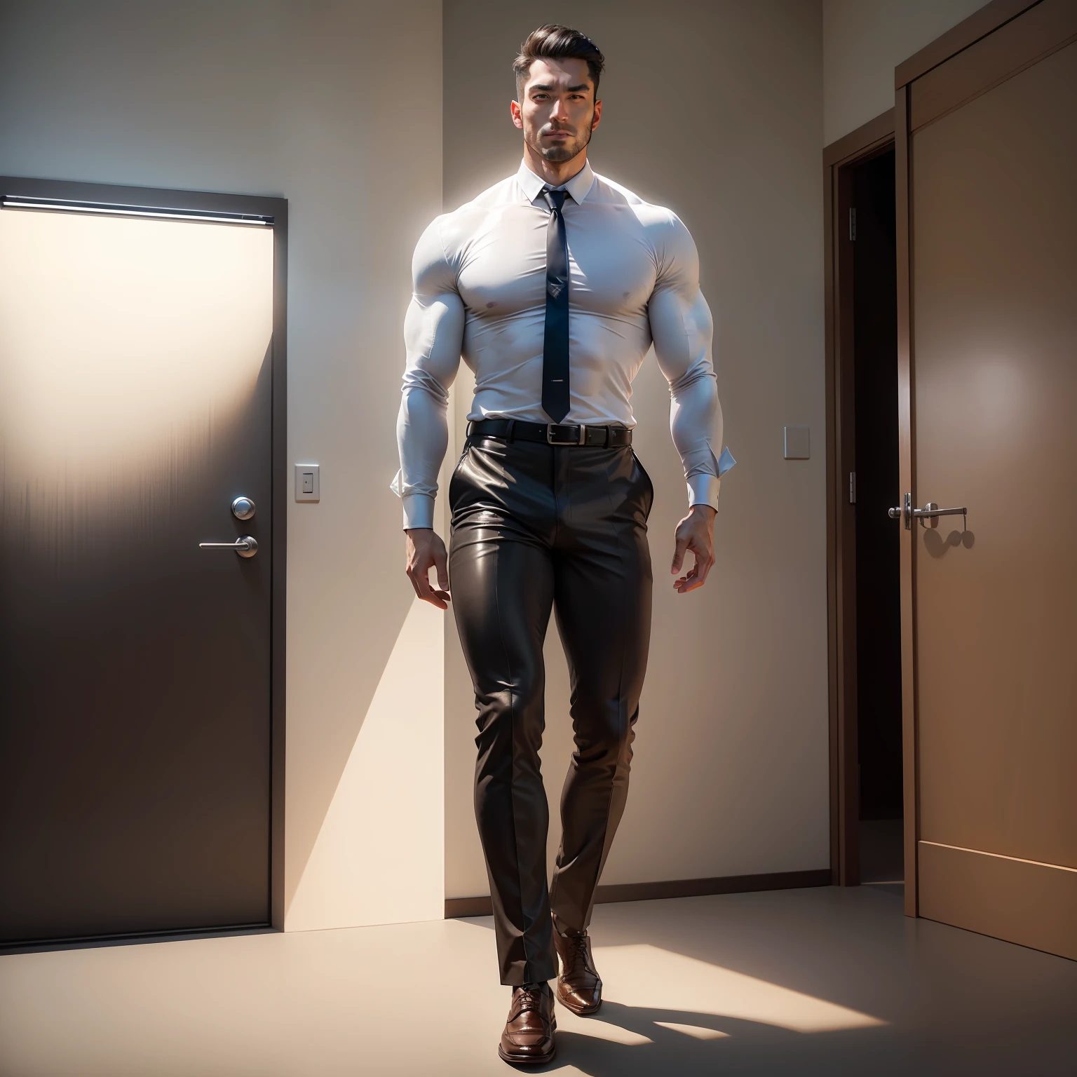 1人,
A 30-year-old muscular man wearing a white long-sleeved shirt and tie, in leather shoes, in full height,
soft-lighting,
tmasterpiece, beste-Qualit, 8k uhd, DSLR camera, film grains, Fujifilm XT3 photorealistic painting by Midjourney and Greg Rutkowski