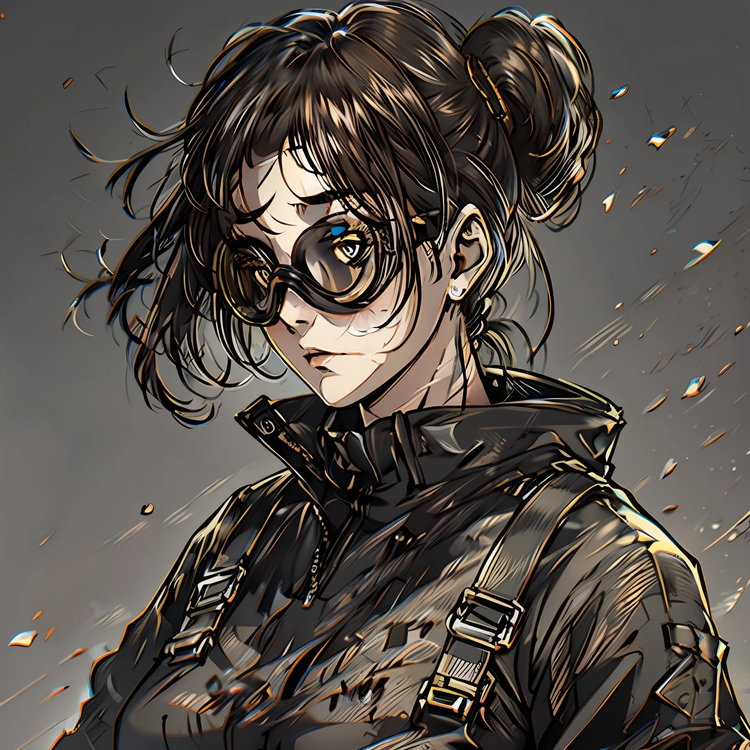 1girl, Black messy bun, brown eyes, girl in a military jumpsuit and overalls, eye patch on left eye, wearing goggles on head, Ultrasharp, masterpiece, 8k