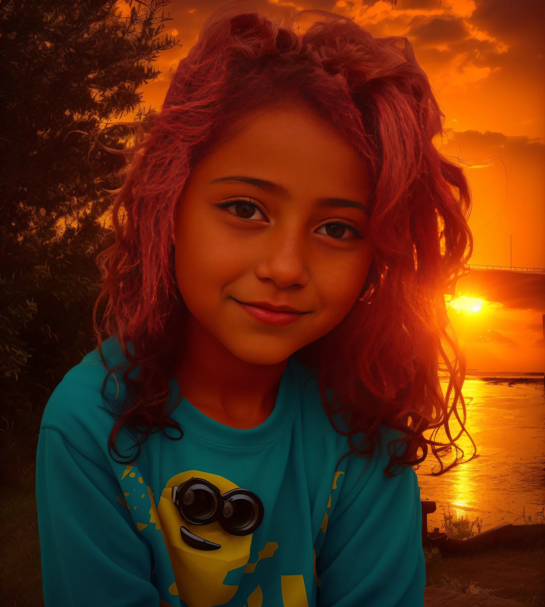 There's a girl who's sitting on a bench, with sunset, foto da , Sunset and big clouds behind her, color photograph portrait 4k, cabrito, in the sunset, feito com photoshop, with a sunset, imagem retrato, foto retrato, girl watching sunset, retrato colorido, imagem de arte digital, arte digital, mas foto, fundo colorido