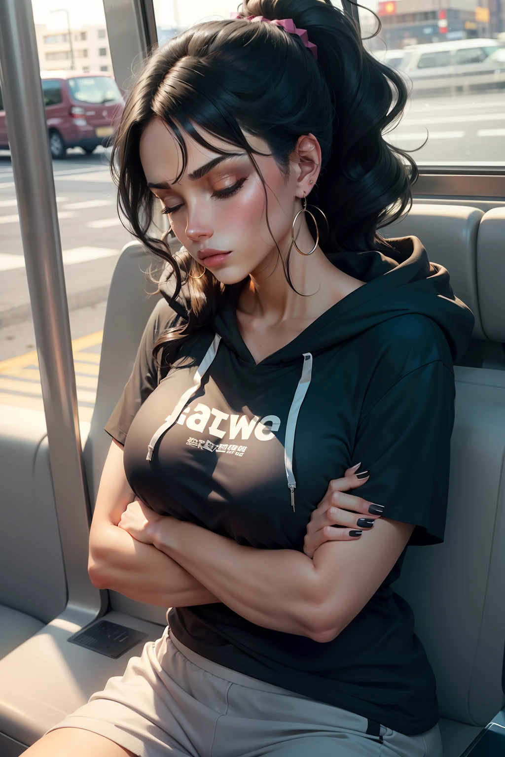 1 beautiful woman, large body, black hair, made-up face, ponytail, wavy tail, earrings, black low-cut shirt, open gray hooded shirt, big nails, made-up eyelids, sneakers, asleep lying on the bus, eyes closed , arms crossed, mouth open.