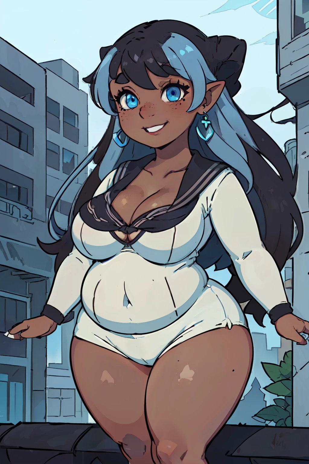 1girl, ((solo)), (dark skinned:1.8), goblin girl, blue_hair, very long hair, wide body, (small stature:1.6), (huge breast:1.6), hair between eyes, wide hips, blue eyes, mole, mole on chest, age up, lips, big lips, big noise, thick eyebrows, (chubby:1.7), smile, freckles, (sailor clothes: 1.8) big ass, city
