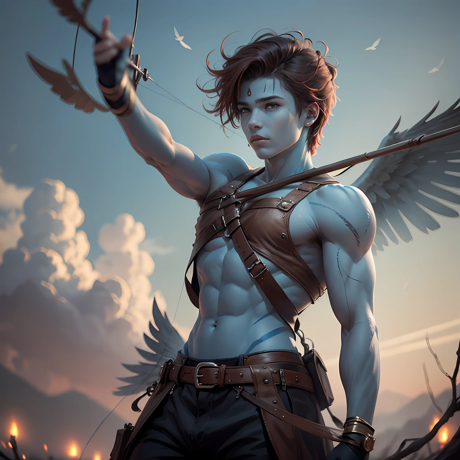 A boy with a bow and arrow has blue skin, el pelo rojo y las alas