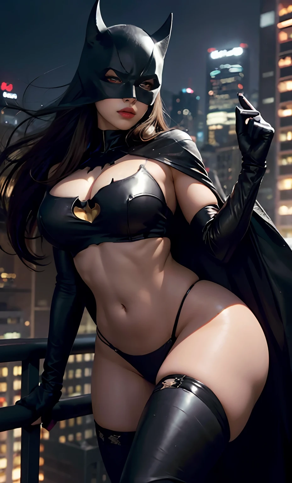 The female version of Batman，Stand on a tall building in Gotham City，The Dark Knight，Dark style，Red glowing eyes, view the viewer, [:(Detailed face:1.2):0.2], A high resolution, Female Batman，(Sex life:1.2), Chinese, Thonglia, (Masterpiece:1.4),(Best quality:1.4),  Bikini, Blush, Breasts, cleavage, Covered , Curvy,  Large breasts, Lips, Sexy，seductiv，校服，，succubi，seduce，view the viewer, navel, parted lip, skin indentation, Solo, Thick thighs, Thighs, Very long hair, Realistic, (Shiny skin:1.2), nice hand, (((Masterpiece))), Best quality, illustration, 4k wallpaper,