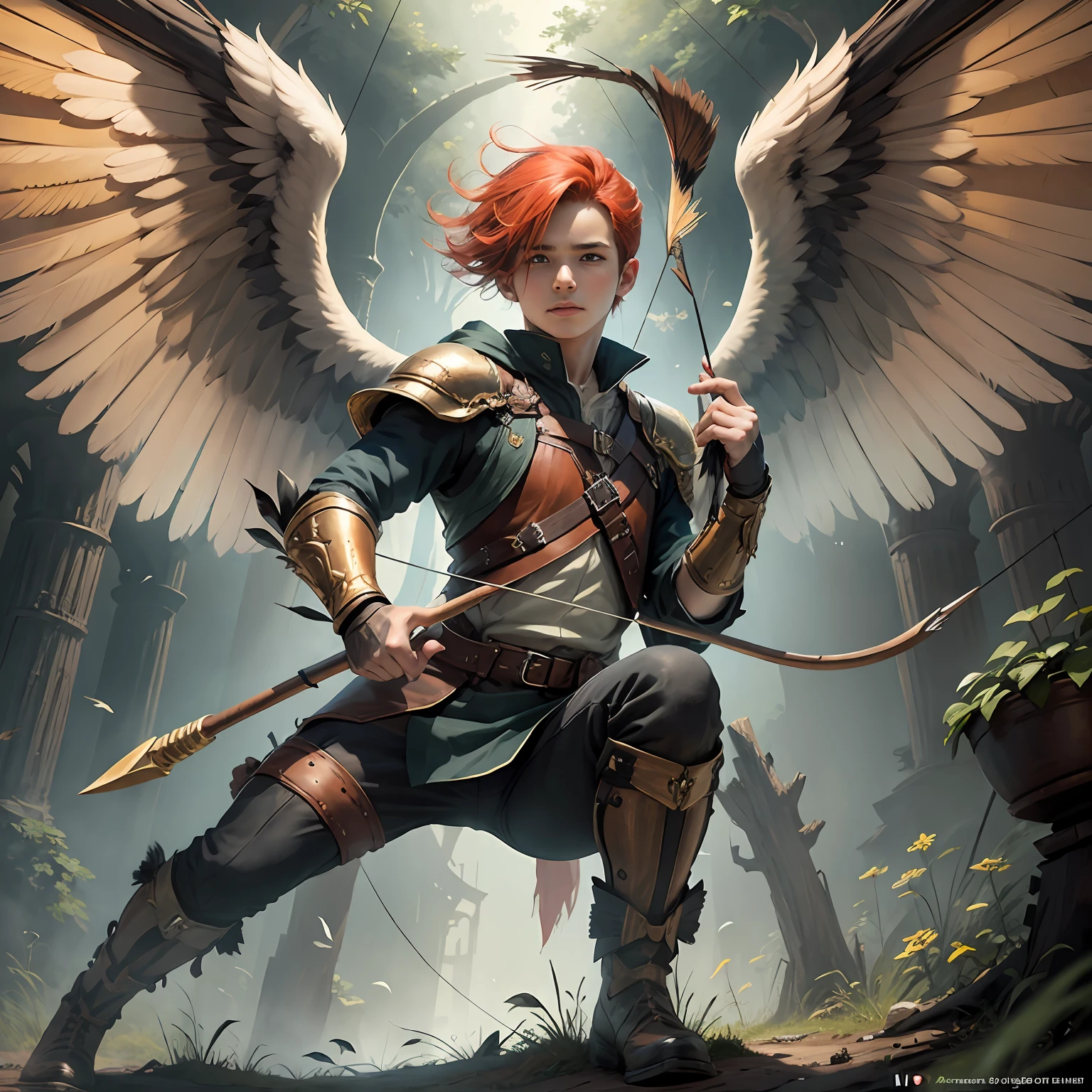 A -yeld boith a bow and arrow has red hair and wings