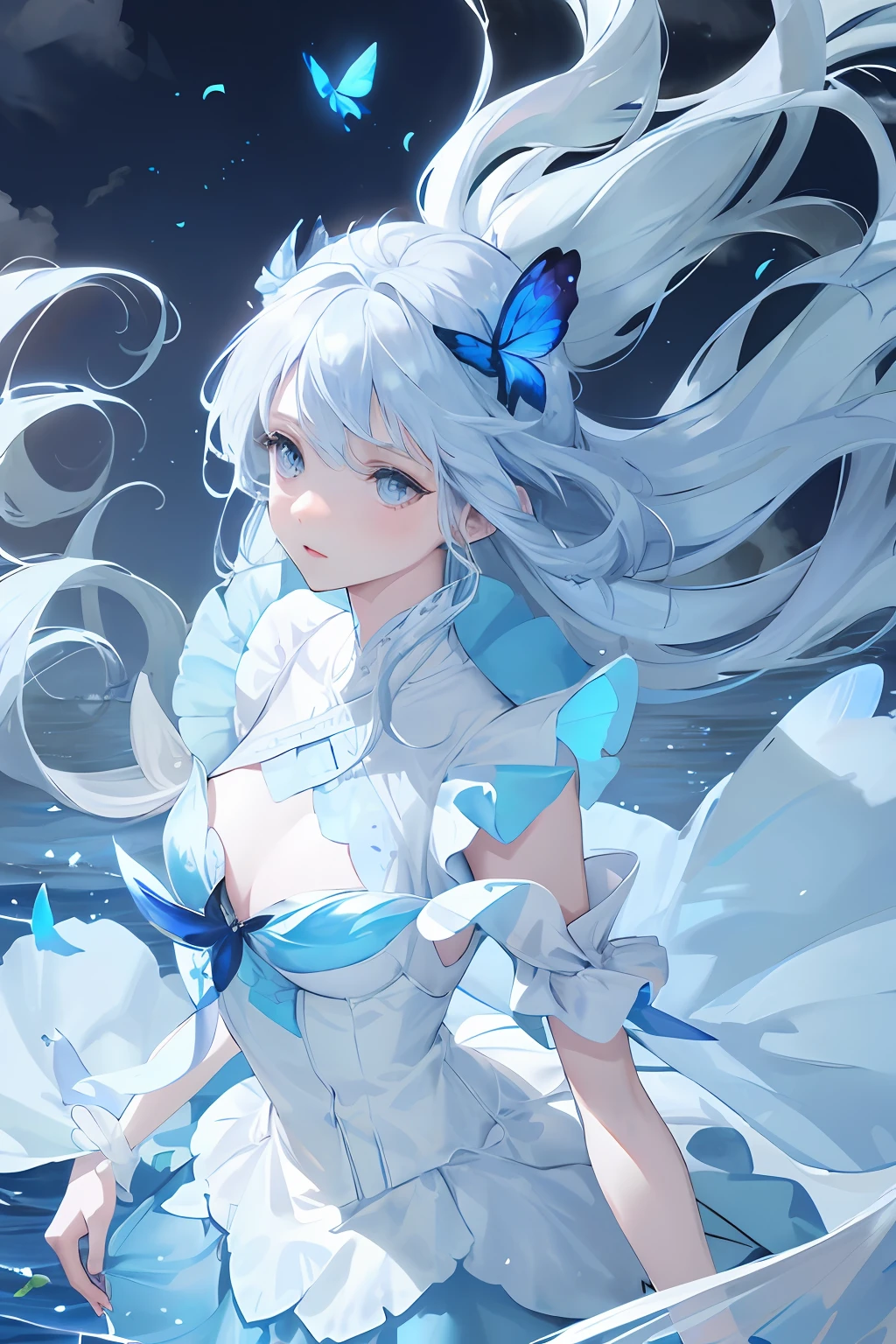,blue skirts,1girll,blue color eyes,long white hair,Side Body,Standing on the surface of the sea,Glowing blue butterfly,falling flower petals,exteriors,clouds,Detail enhancement,best qualtiy,Perfect image quality,The wind blows the hair,Elegant and lightweight blue silk dress,Beautiful and gentle