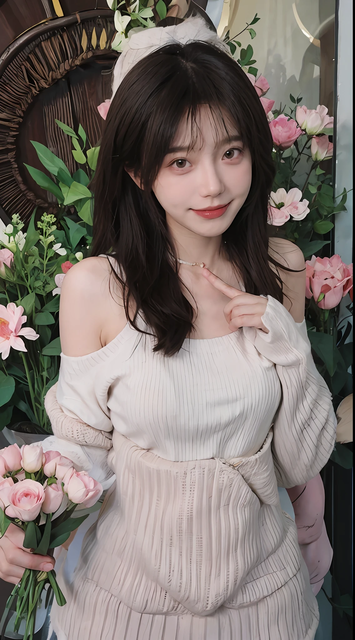 best qualtiy， 超高分辨率， （realisticlying：1.4），cute hairpin，Baoyu Girl，1girll, Beautiful woman with a slim figure:1.4, Abs:1.1, (A brown-haired, mideum breasts:1.3), Pink cropped sweater:1.1, Flower shop,Ultra-fine face，Elaborate Eyes，二重まぶた，ssmile，choker necklace