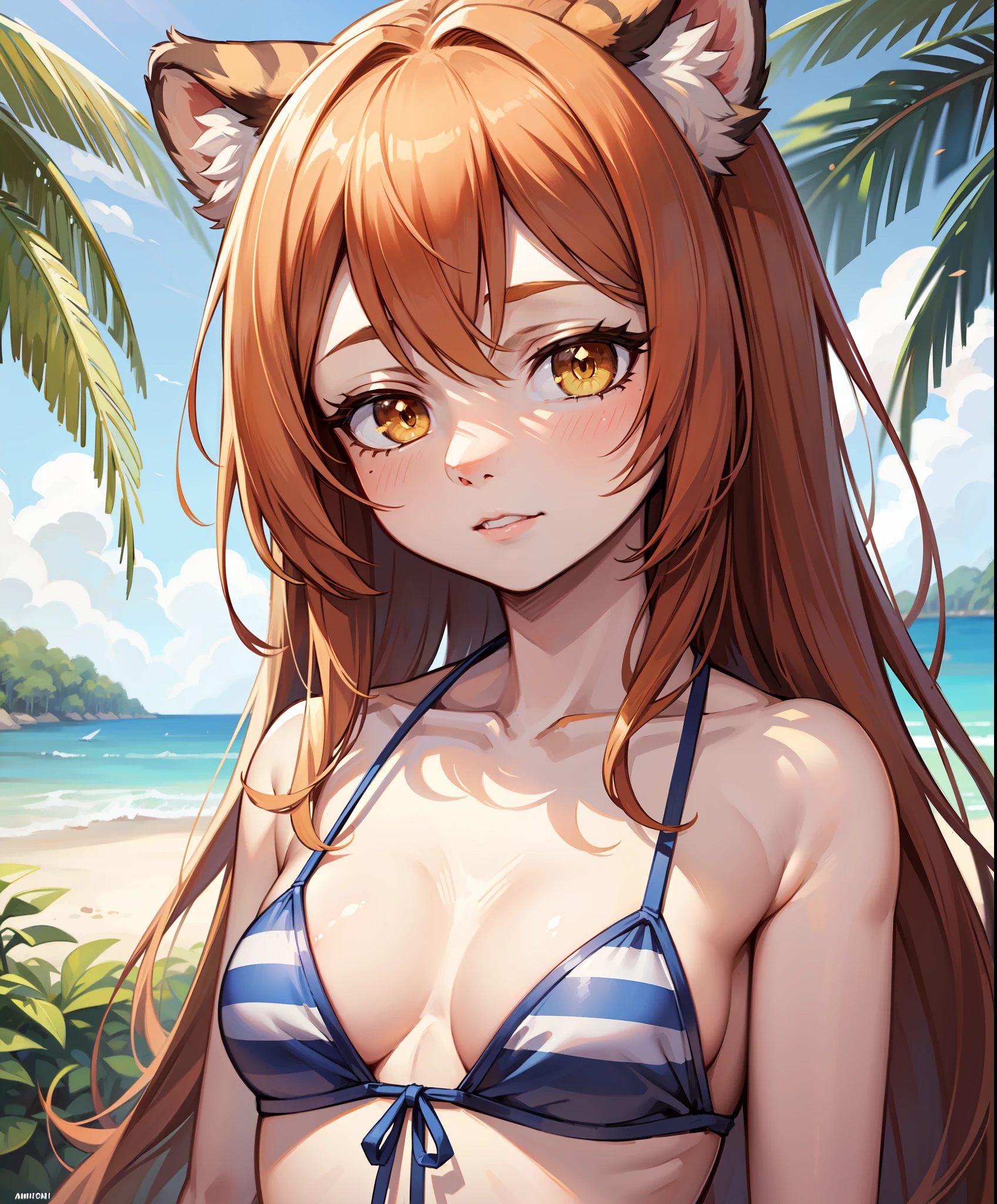 (masterpiece:1.4), (best quality:1.4),Furry, Flora, Flat Chest,small breasts, Tiger girl,blue bikini, Striped fur, big detailed yellow eyes, brown orange hair, personal ami, highly detailed face, beautiful face, highres, extremely detailed 8K wallpaper, extremely detailed character, posing,