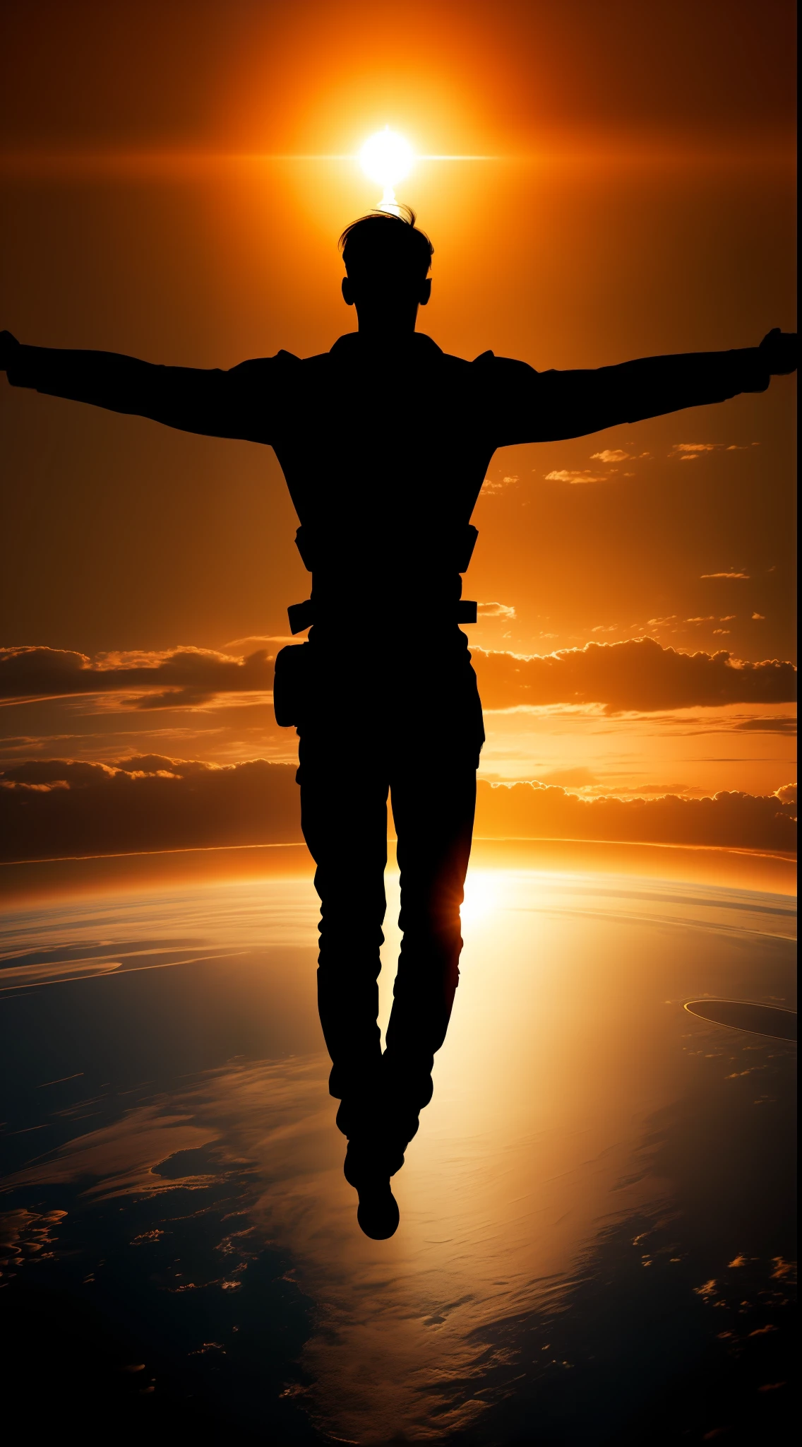 Silhouette of 1 man flying over the planet standing, Panoramic view from the back with open arms
