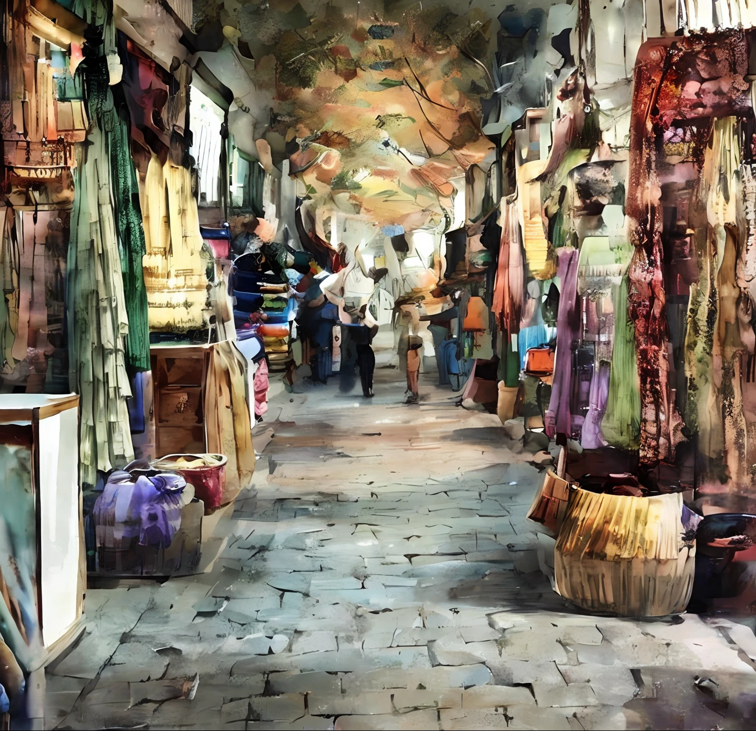 Araffe Market with a variety of fabrics and fabrics on display, Inside an Arab market bazaar, Beco da Cidade Velha de Jeddah, middle eastern style vendors, Rua da Cidade Velha de Jeddah, Os ecos vibrantes do mercado, Mercado de rua, bancas de mercado, Fantastic seller interior, mercado, market setting, Damasco, Tehran, interior do vendedor da fantasia, Fornecedores, Mercado movimentado, elaborar