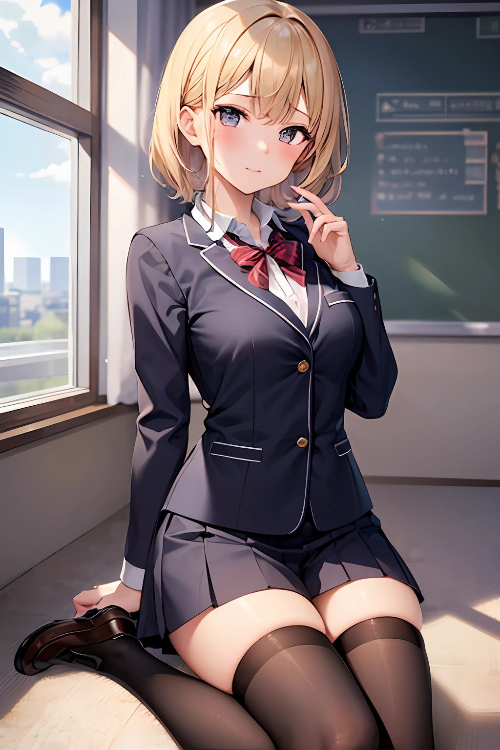 masutepiece, One girl, Solo, Black stockings, School uniform, Very delicate eyes, Nice face, Cute, 8K