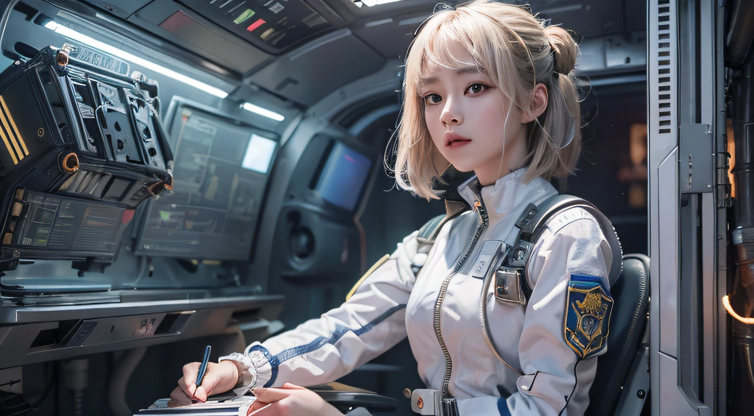 ulzzang -6500-v1.1,(Raw foto:1.2),((Photorealsitic:1.4)),top-quality,masterpiece, illustratio, extremely delicate and beautiful, extremely details CG ,Unity,8k wallpaper, astonishing、finely detail, Official art,the Extremely Detailed CG Unity 8K Wallpapers,absurderes, huge filesize, Work robot, ultra-detailliert, hight resolution, 电影灯光, ((Blissful)), The most detailed background, Encounters with the unknown, ((Alien and Girl)), ((With a rifle)),Inside the spacecraft、A space station