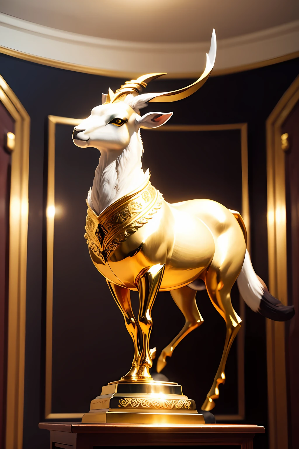 Springbok animal positioned atop decoratively a large gold trophy cup which has handles. --auto