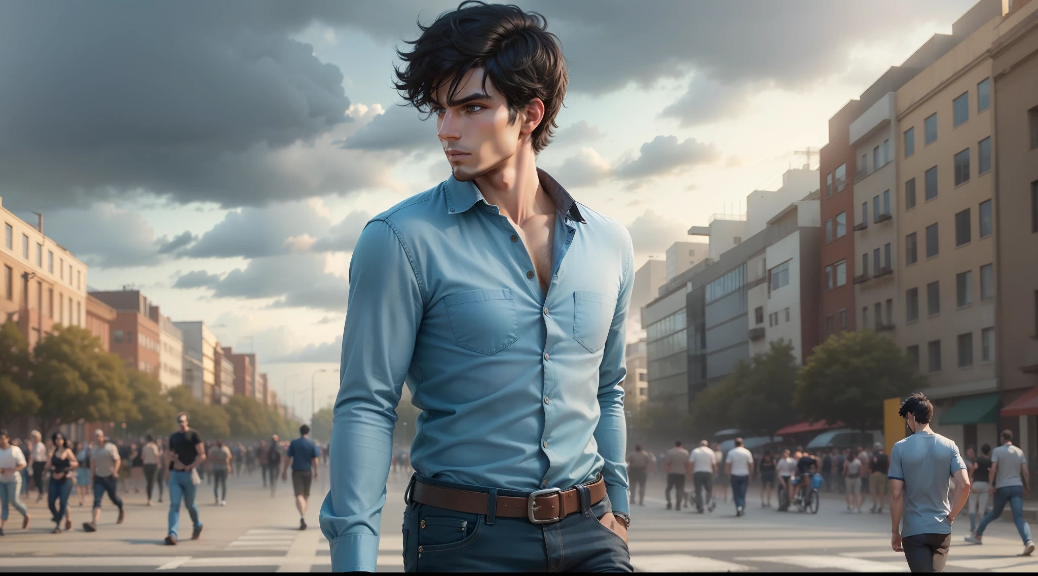 Ultra realistic image of a 25 year old man, short black hair, 8k, dressed in a blue shirt and jeans, devilish expression, walking on a long sidewalk full of people in the morning, cloudy weather