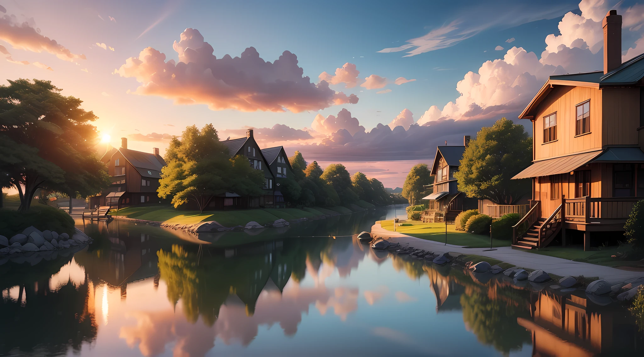 An anime scene that takes place in Brooklyn and has a sense of sunset humor. landscape. Camera close-up fisheye lens style. Changes in architectural style, No duplication of designs. Old house and clay roof. With the details of the pipeline, Vegetation and things in nature. Add a small canoe sailing on Water Street. Plus a couple of kids playing and fishing. Add a little fantasy and magic to the image. Use more sunset vibe in color,Sunlight shines through the clouds