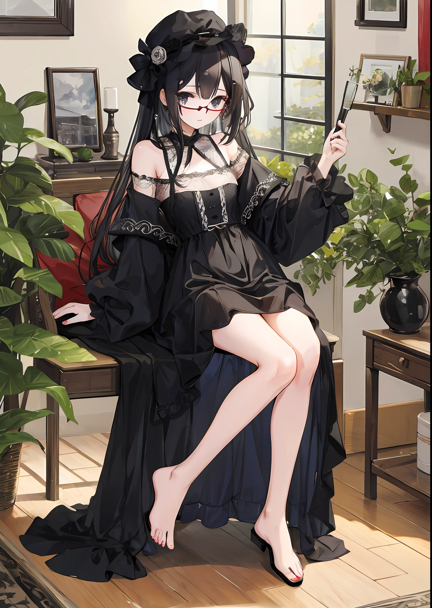 Full body photo of beautiful petite sexy woman wearing round glasses with black rimmed、vila、summer clothing、Country、inside the house、Playful、greedy