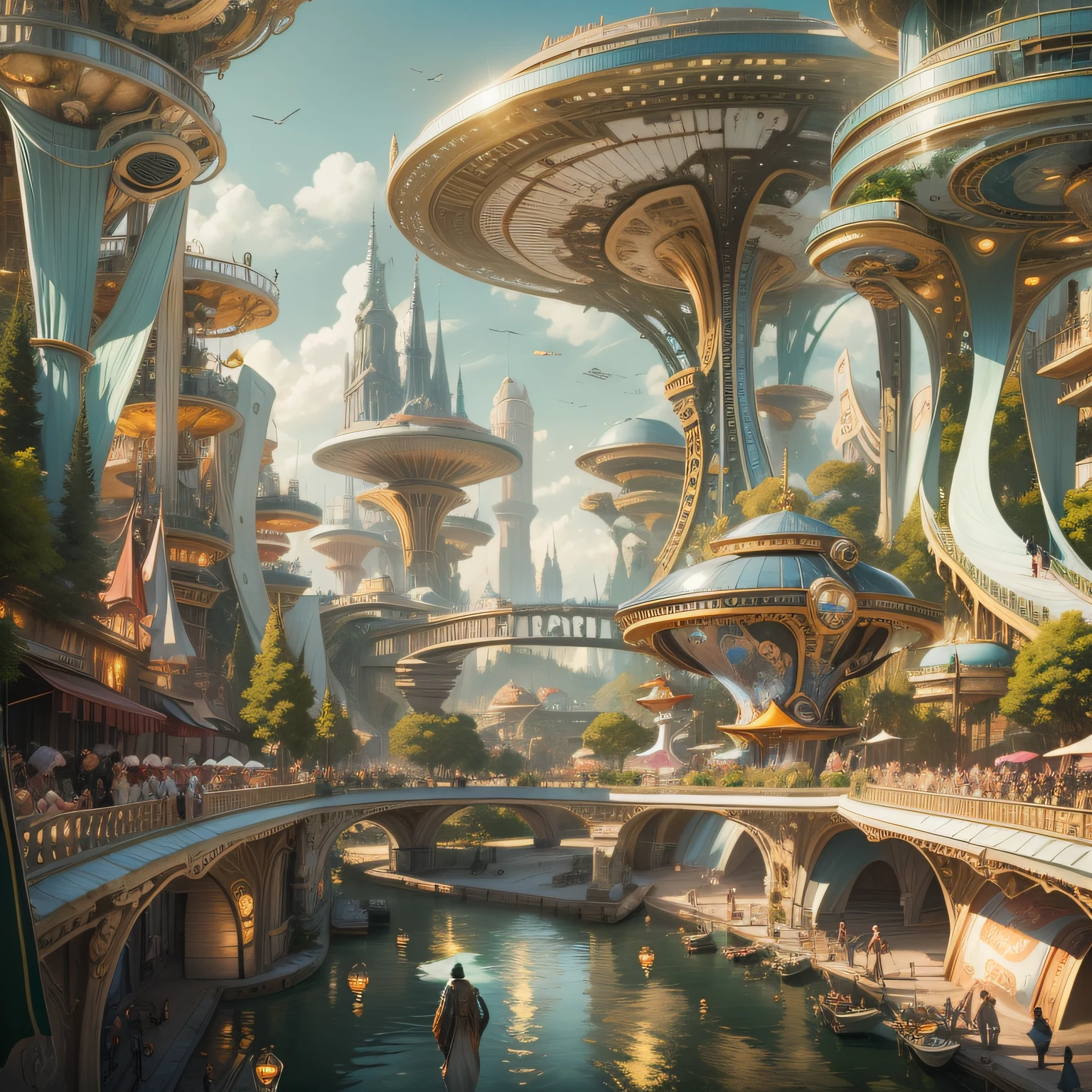 un paisaje urbano futurista conocido como Tomorrowland, with impressive dreamy design buildings where silver abounds , el oro y el bronce, y una cyborg paseando por sus calles