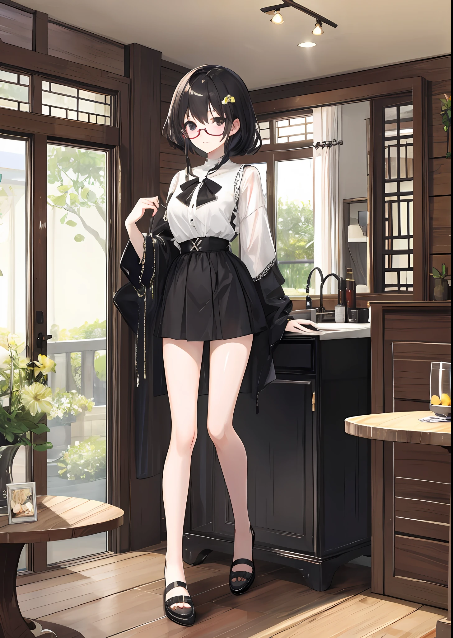 Full body photo of beautiful petite sexy woman wearing round glasses with black rimmed、vila、summer clothing、Country、inside the house、Playful、greedy