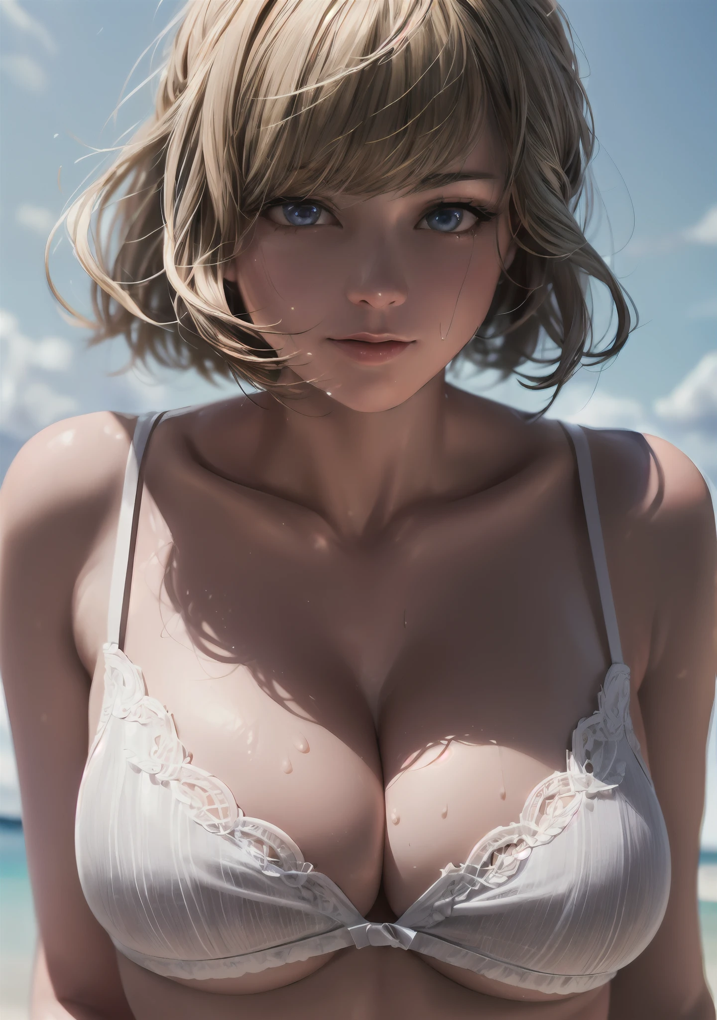 ((((masterpiece, best quality, high resolution)))), Extremely detailed 8K, Beautiful girl, voluptuous body, (Ultra HD, Ultra-detailed, Highly detailed, Highly realistic, Ultra-realistic, photograph realistic), (1girl:1.5), (Realistic white hair), short wavy hair, bob cut, (dynamicposes), facing at camera, light smile, parted lips, purple eyes, average breasts, cleavage, (beautiful detailed face, beautiful detailed eyes), white lingerie, sweat, glow, (sunbeam, sunlight)