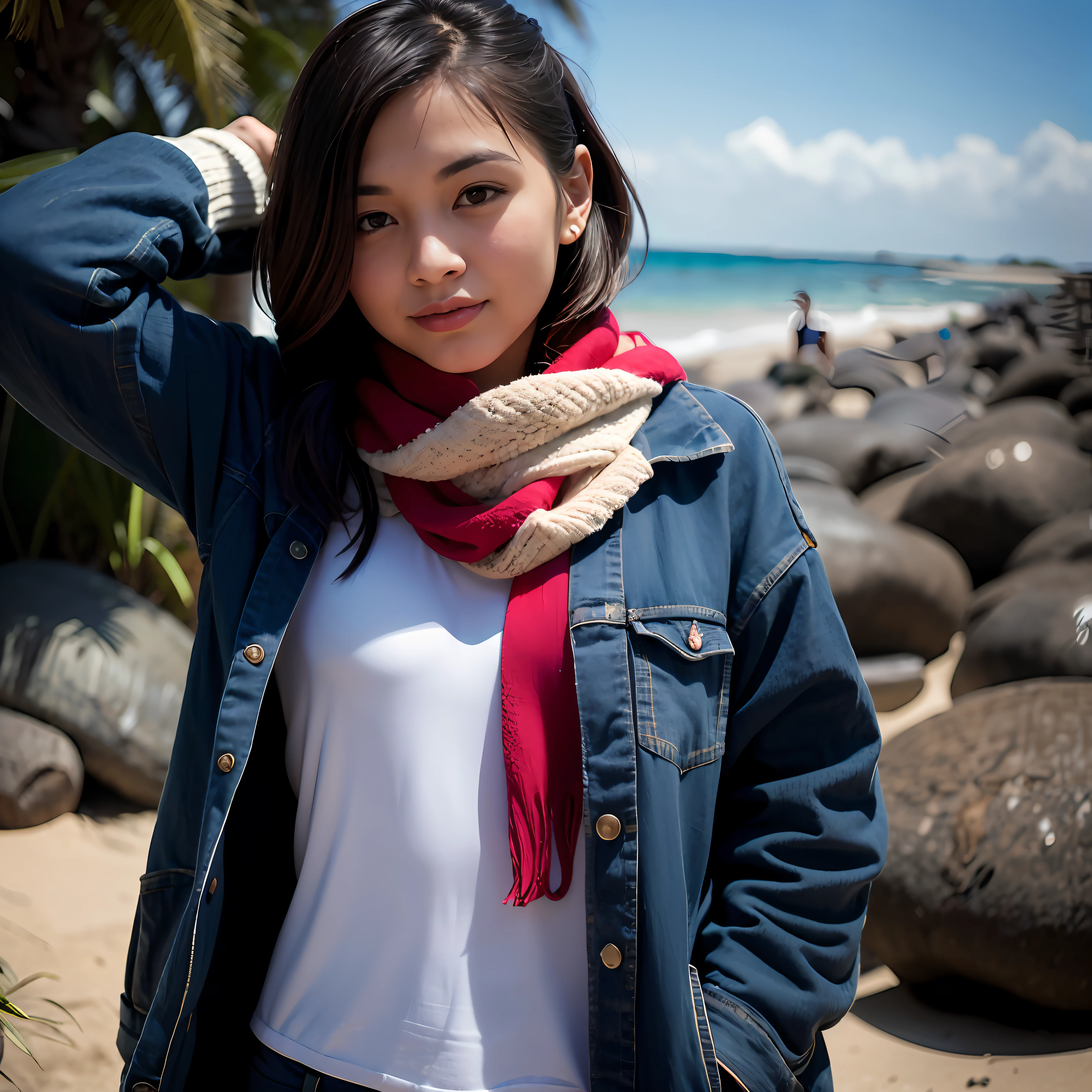 woman with a red scarf on a beach near the ocean, posing on a beach with the ocean, inspired by T. K. Padmini, posing on the beach, candid photography, at a beach, with a cool pose, by Max Dauthendey, * colour splash *, posing!!, profile pic, shot on canon camera, casual photography, in the beach