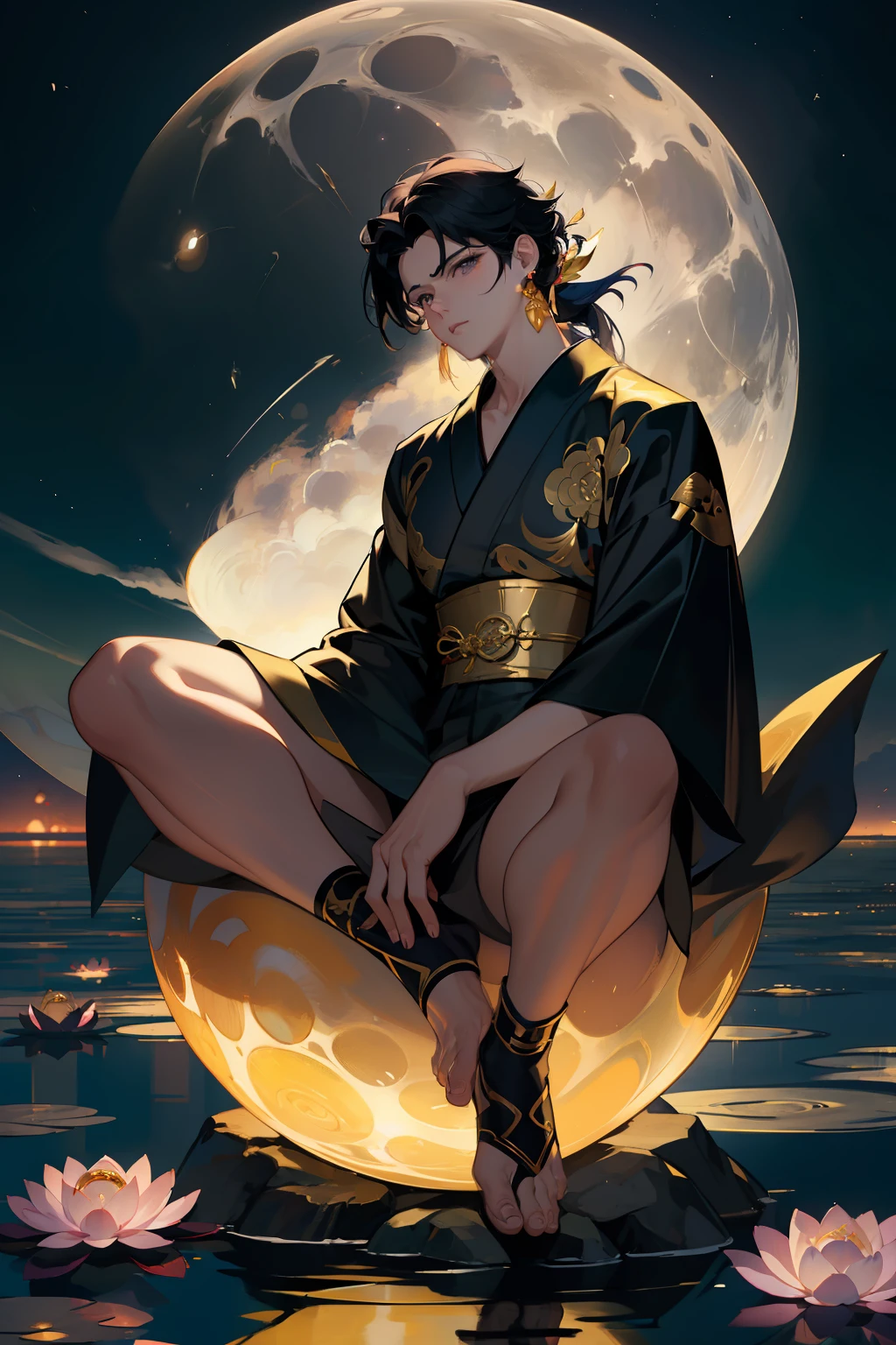 imagem arafed de uma mulher sentada em uma lua com uma espada, por Yang J, cara bonito na arte demon slayer, Arte no estilo de Guweiz, trending on artstation pixiv, handsome japanese demon boy, Demon Slayer rui fanart, Estilo Ross Tran, fanart requintada altamente detalhada, Guweiz, estilo anime 4K, estilo de arte charlie bowater, perfect feets, cabelo curto, pale face, quimono aberto