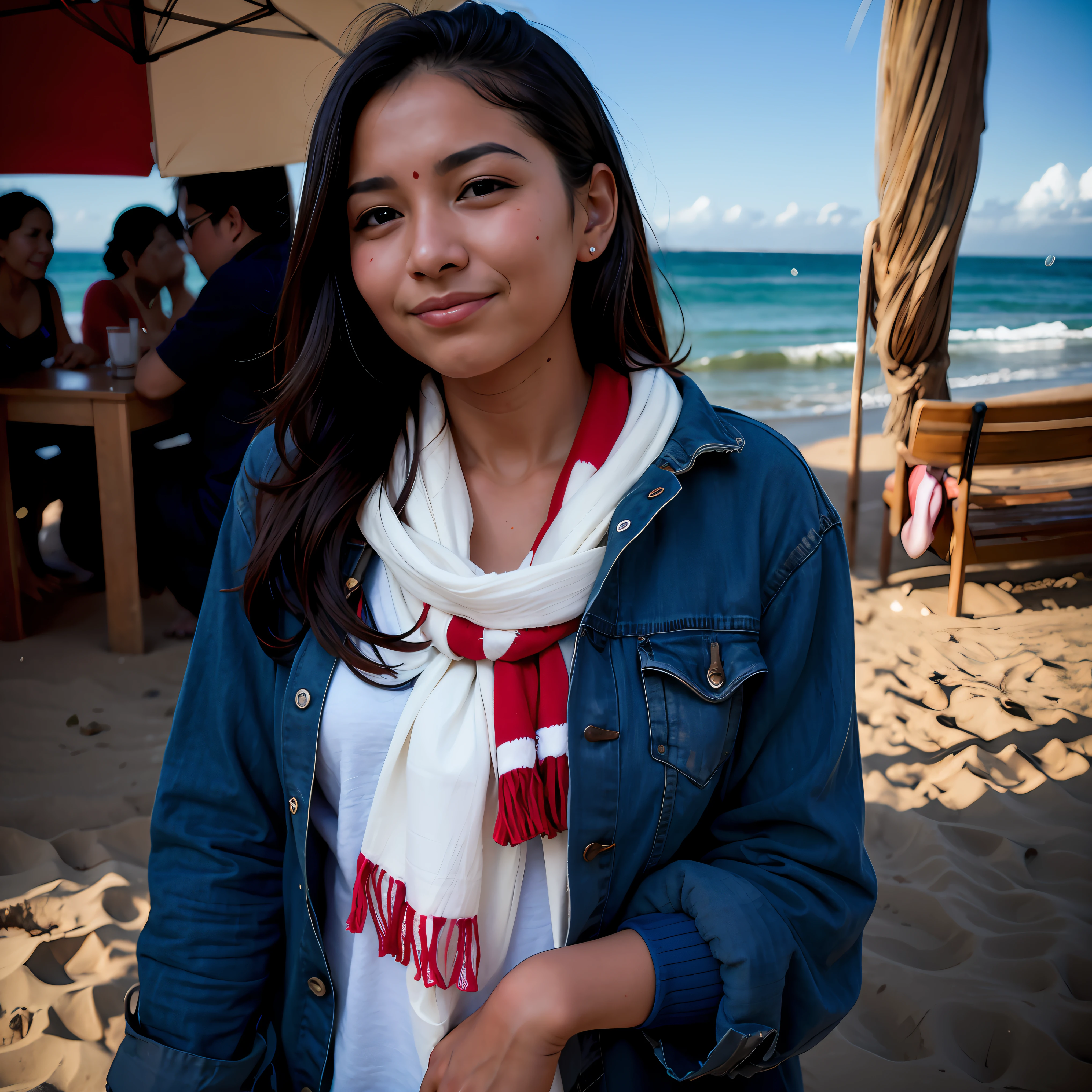 woman with a red scarf on a beach near the ocean, posing on a beach with the ocean, inspired by T. K. Padmini, posing on the beach, candid photography, at a beach, with a cool pose, by Max Dauthendey, * colour splash *, posing!!, profile pic, shot on canon camera, casual photography, in the beach