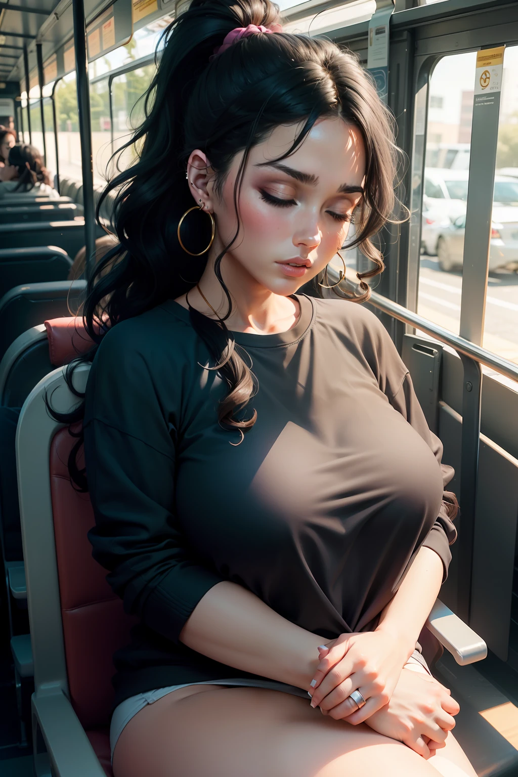 1 beautiful woman, large body, black hair, made-up face, ponytail, wavy tail, earrings, low-cut black shirt, GRAY SWEATSHIRT, big nails, made-up eyelids, sneakers, asleep lying on the bus, eyes closed, arms crossed , open mouth.