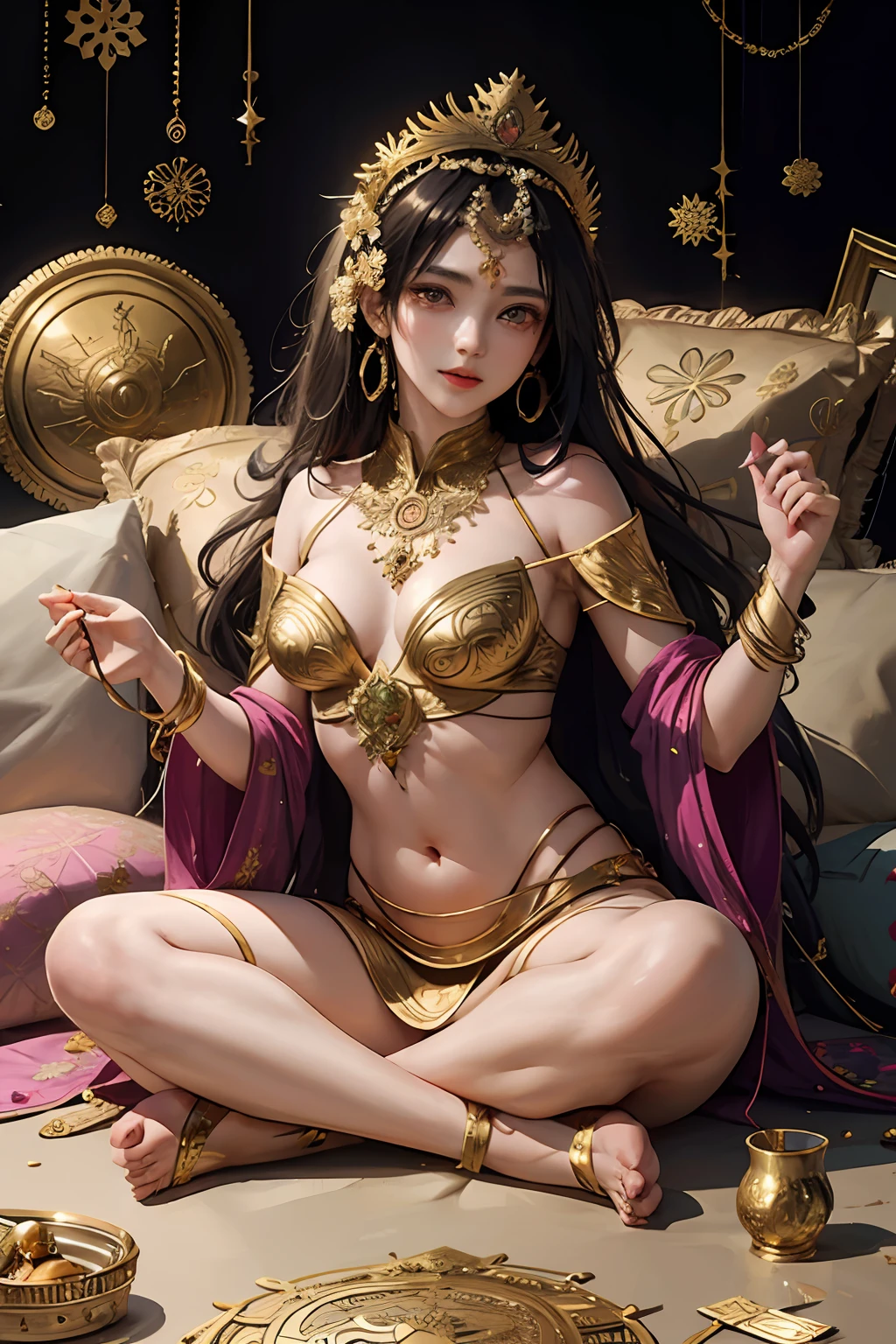 (masutepiece, of the highest quality, Best Quality, Official art, Beautiful and aesthetic:1.2), (1womanl), Indian goddess Durga, ighly detailed,Colorful,highest details, Official art, Unity 8k壁纸, ultra-detailliert, Beautiful and aesthetic, Beautiful, masutepiece, Best Quality, (Zentangle, mandalas, Tangle, Entangle) ,Holy Light,gold foil,Gold leaf art,glitter drawing, PerfectNwsjMajic