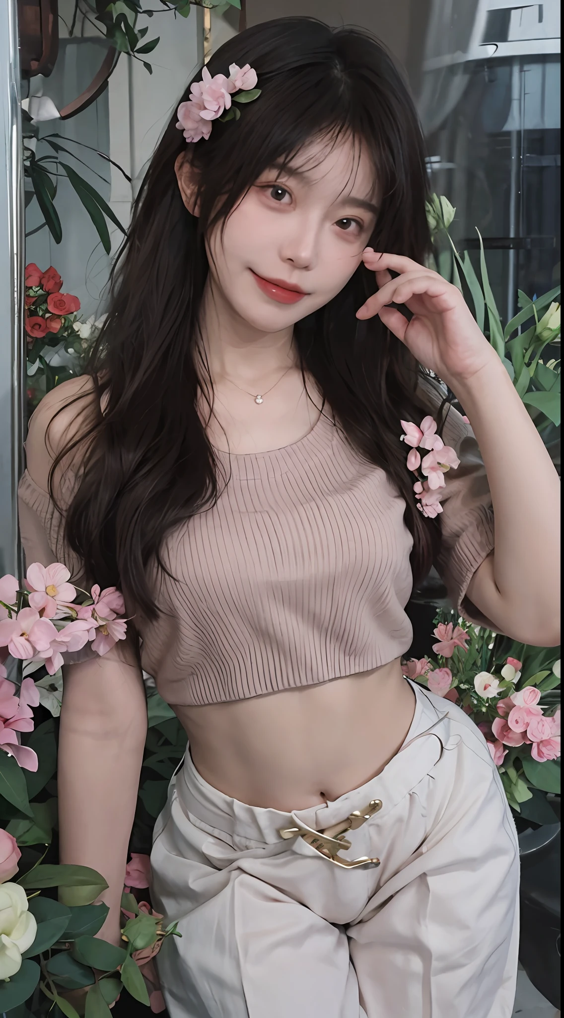 best qualtiy, 超高分辨率, (realisticlying:1.4),cute hairpin,Baoyu Girl,1girll, Beautiful woman with a slim figure:1.4, Abs:1.1, (A brown-haired, mideum breasts:1.3), Pink cropped sweater:1.1, Flower shop,Ultra-fine face,Elaborate Eyes,二重まぶた,ssmile,choker necklace