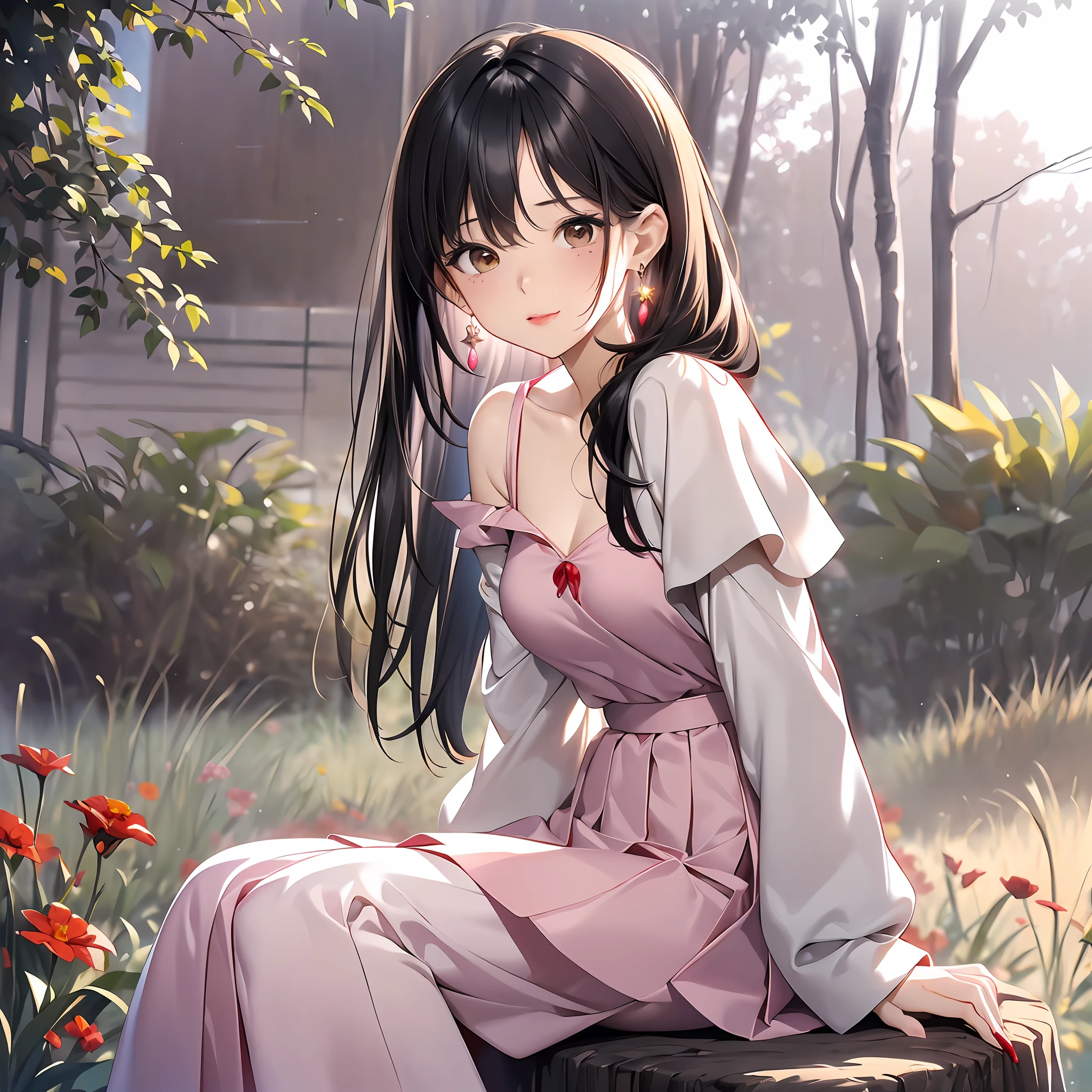 ((Photorealsitic:1.37)),((((low angles)))),((Beautuful Women))、Slimed、tiny waist、((Light Pink Pleated Long Skirt))、White blouses ,((((heels((10cm))Has high heels)))、(((Only the heel area is red,)))), ((Wide prairie background)), tussock,one girls, ((Sitting on a stump)), ((Troubled face))),Inner hair color pink,Lady, 8K, Best Quality,Black eyeliner,Light pink lipstick, (small tits),22year old ,girl with, 鎖骨,Sunrise,Sunshine, Sunnyday,glowing earrings, Beautiful brown eyes, finely detail, Beautiful detailed girl, strong breeze, (Hair flutters), Slender face, 鎖骨, beutiful breast,length hair, Beautiful face, ((Half-up hairstyle)), Upstyle,Black Gradient Hair, Shiny hair,