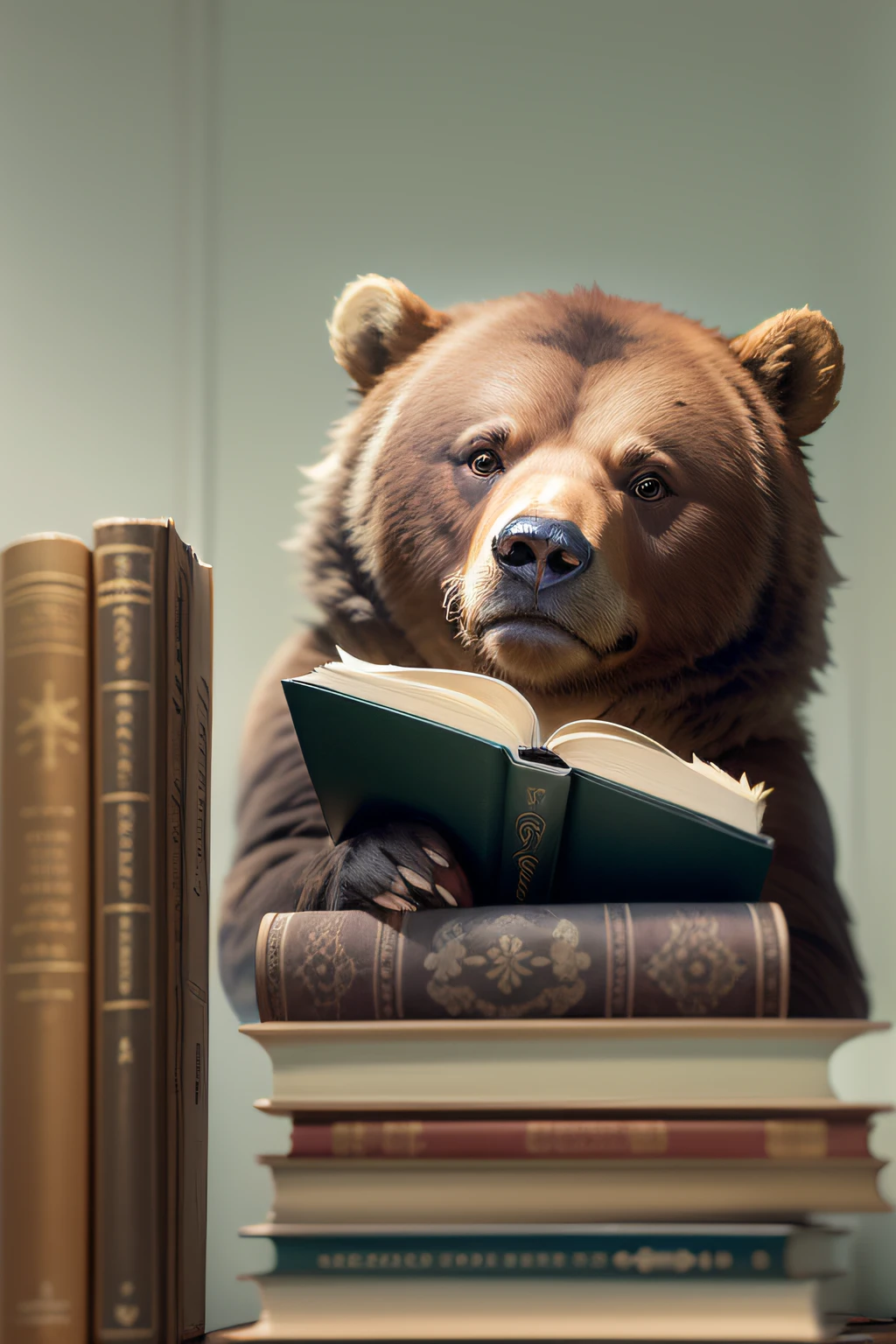 fundo branco, urso boina ultra realista segurando um livro