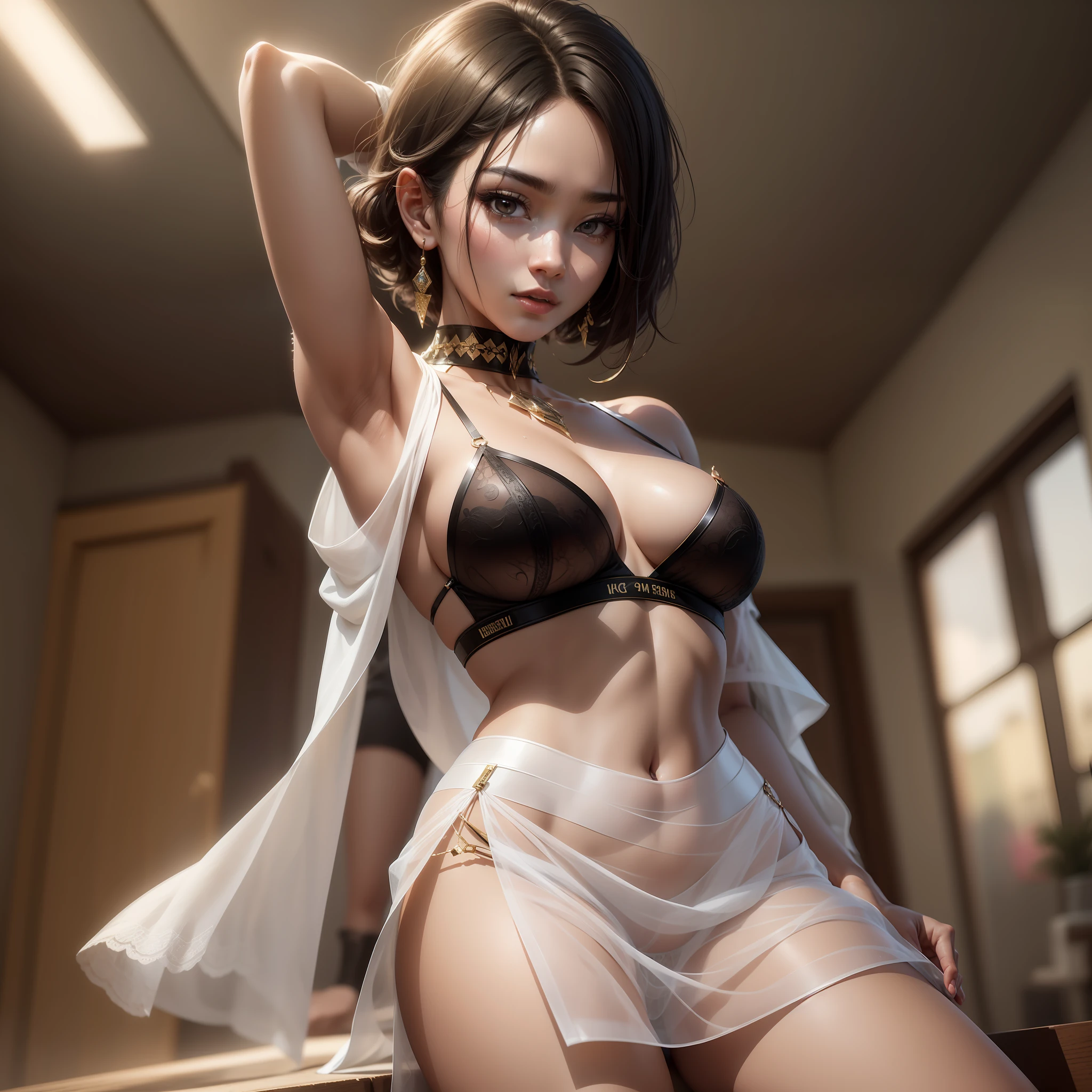 Ace, 4k, High Resolution, Masterpiece, Best Quality, Head: 1.3, (Korean K-pop Idol), Delicate Skin, Sharp Focus, (Cinema Lighting), Clavicle, Morning, Soft Light, Dynamic Angle, [:(detailed face:1.2):0.2], armpit wrinkles, thighs, white thong, slim, mid-chest, cleavage, full body, white miniskirt, no panties, sheer skirt, super thin skirt