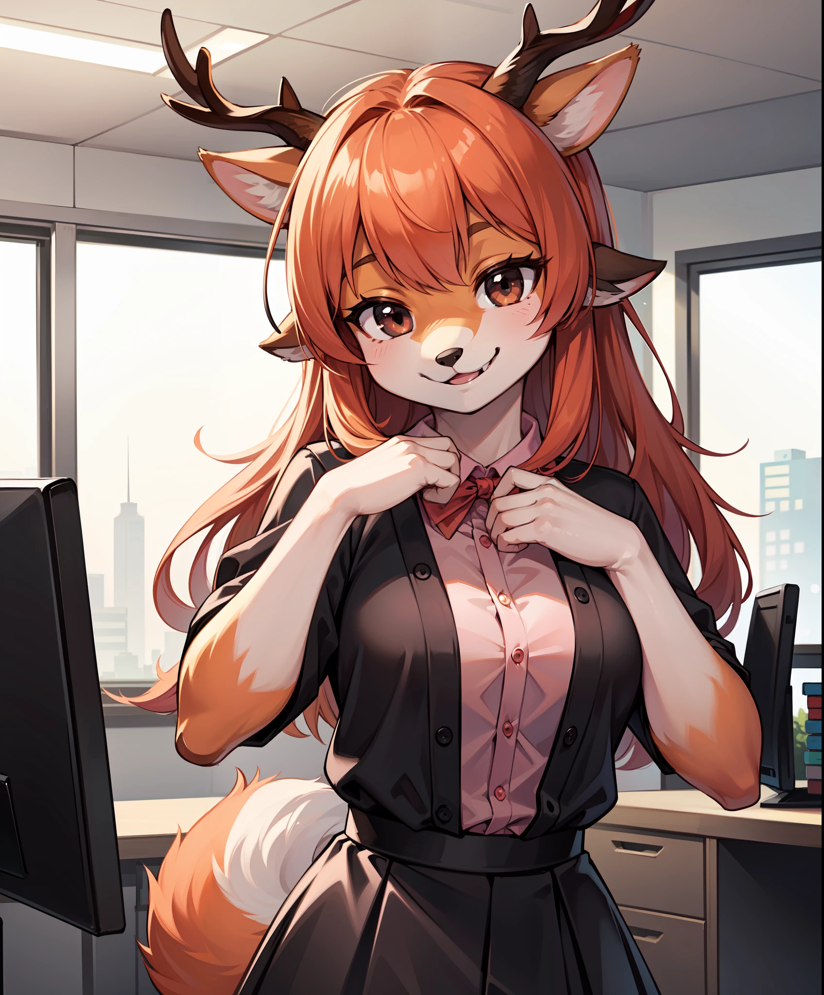 1girl, (anthro furry:1.2), TsunodaCzar, (two-toned fur, orange fur, black eyes, deer ears, horns, snout), (pink blouse, black skirt, smiling), (interior, office), (masterpiece:1.2), hires, ultra-high resolution, 8K, high quality, (sharp focus:1.2), clean, crisp, cinematic,