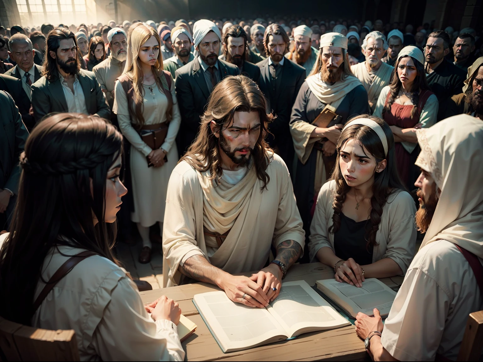 A crowd gathered around Jesus, listening intently to his words.