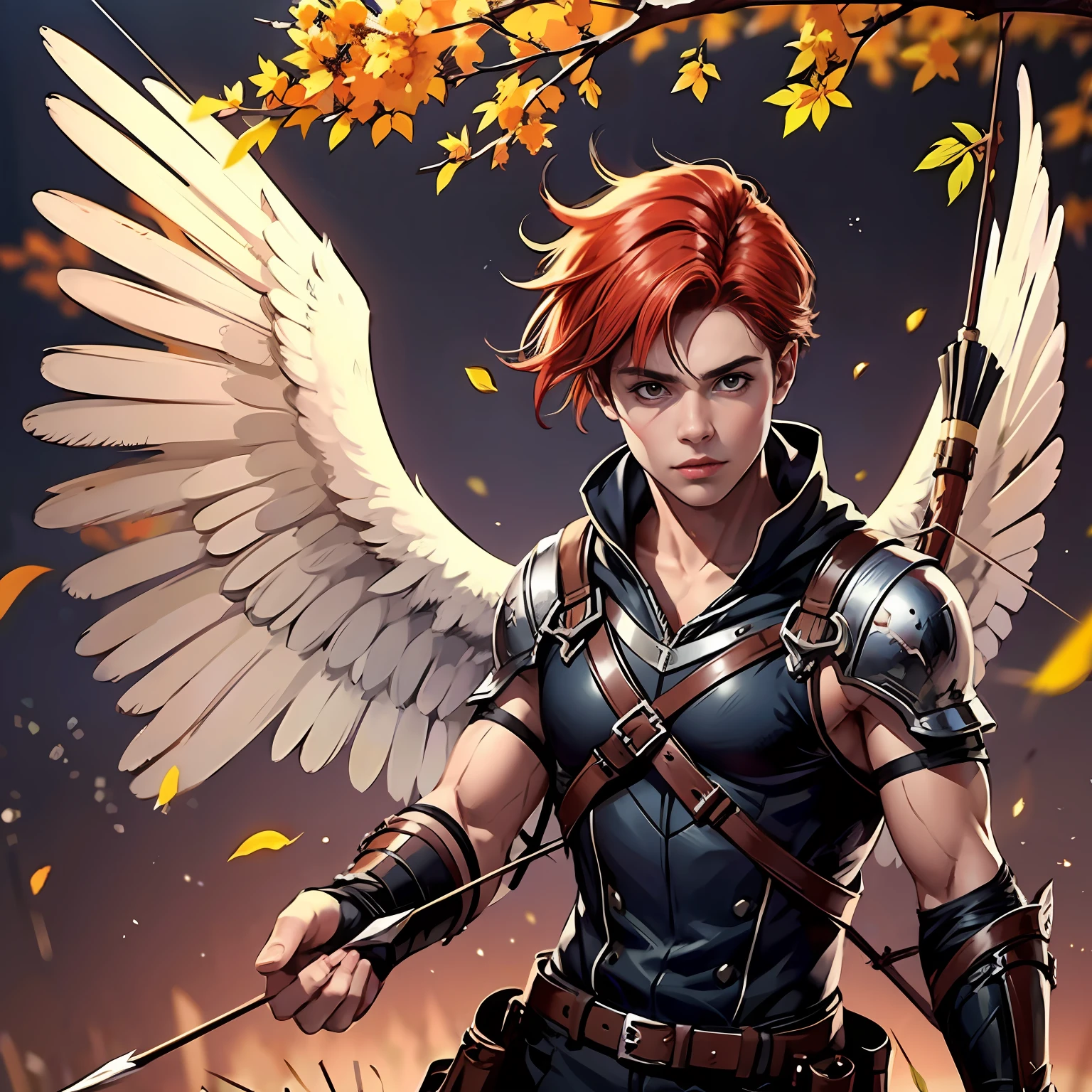 A -yeld boith a bow and arrow has red hair and wings