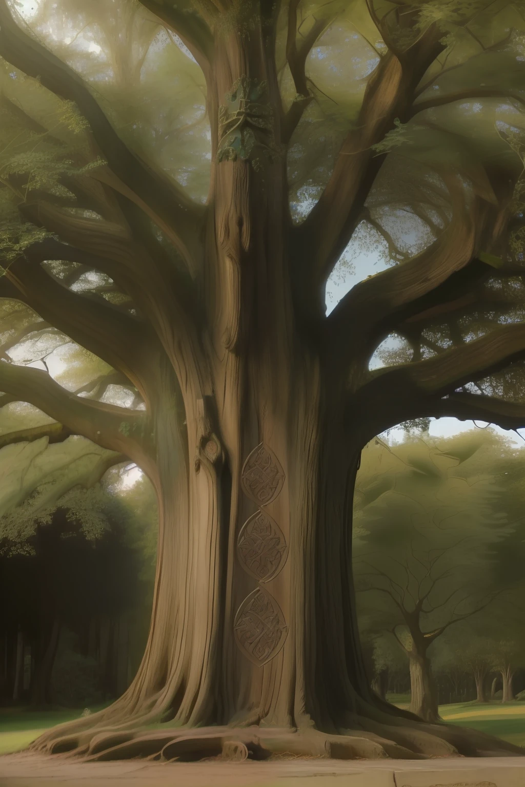 "(((Pre-Raphaelite painting of a large oak carved with Celtic symbols on the trunk, paisagem irlandesa)))"