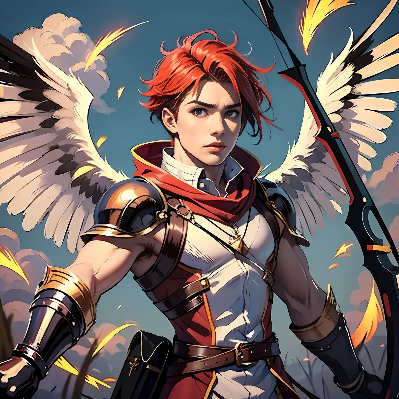 A -yeld boith a bow and arrow has red hair and wings