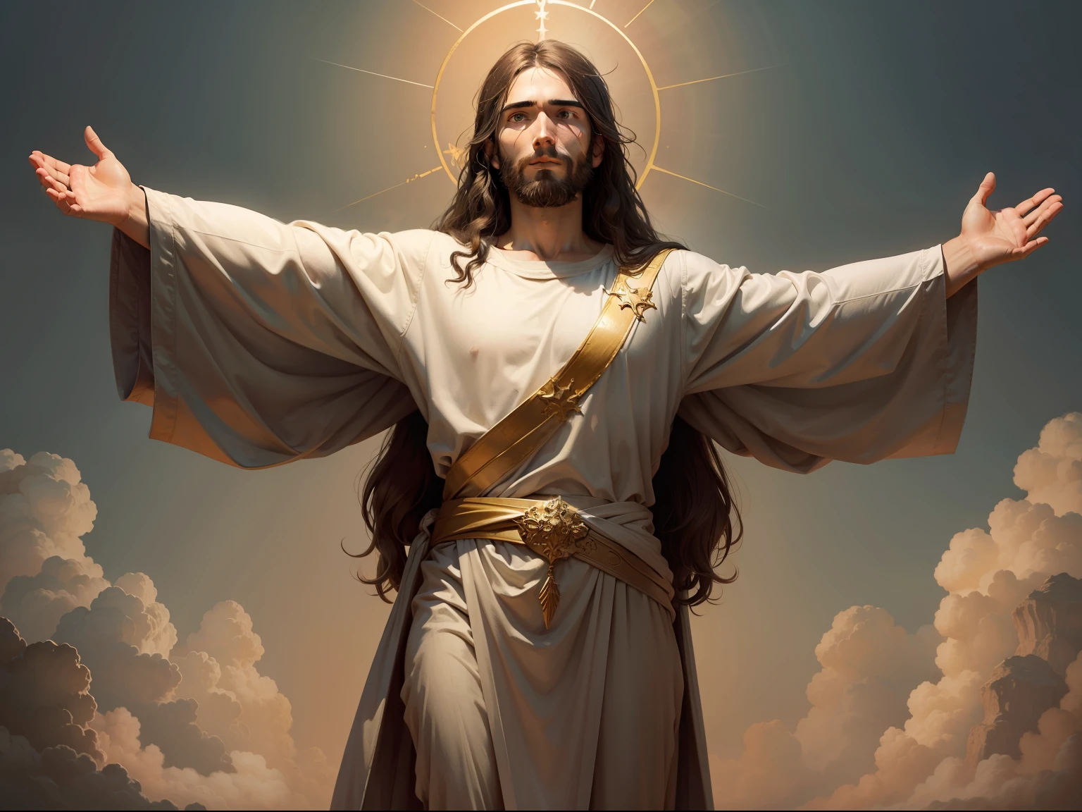 Jesus with outstretched arms, illustrating his message of not worrying and placing trust in God.