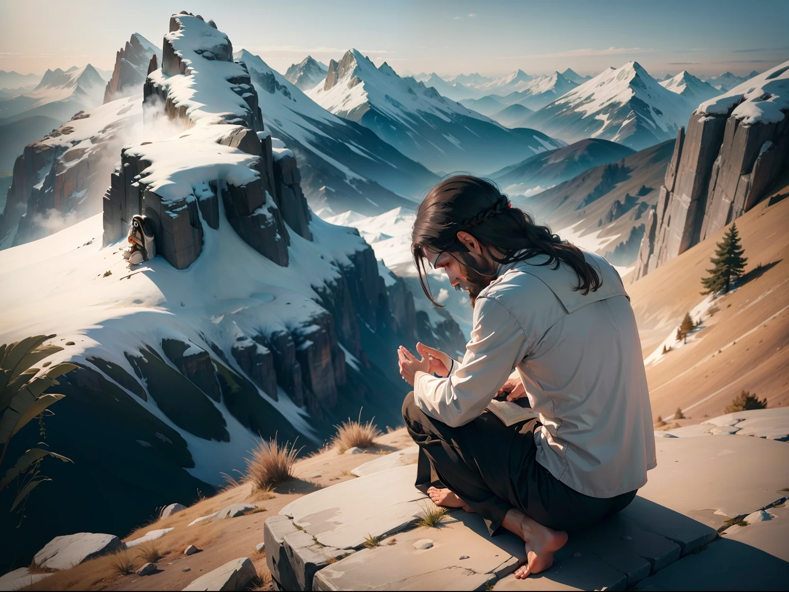 A serene image of Jesus praying alone on the mountaintop before or after delivering his teachings.
