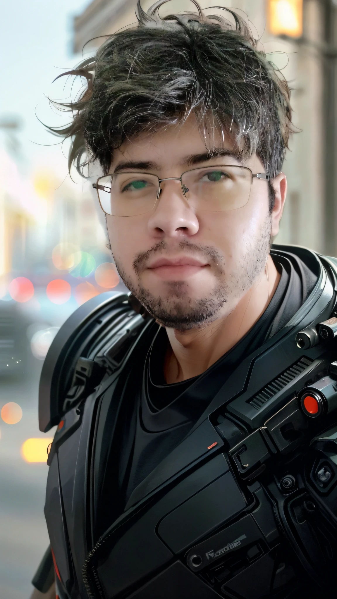 Portrait photo of an handsome male  ,perfect eyes ,  in a worn mecha exosuit,((light bokeh)), intricate, (steel metal [rust]), elegant, sharp focus, photo by greg rutkowski, soft lighting, vibrant colors, masterpiece, ((streets)), detailed face