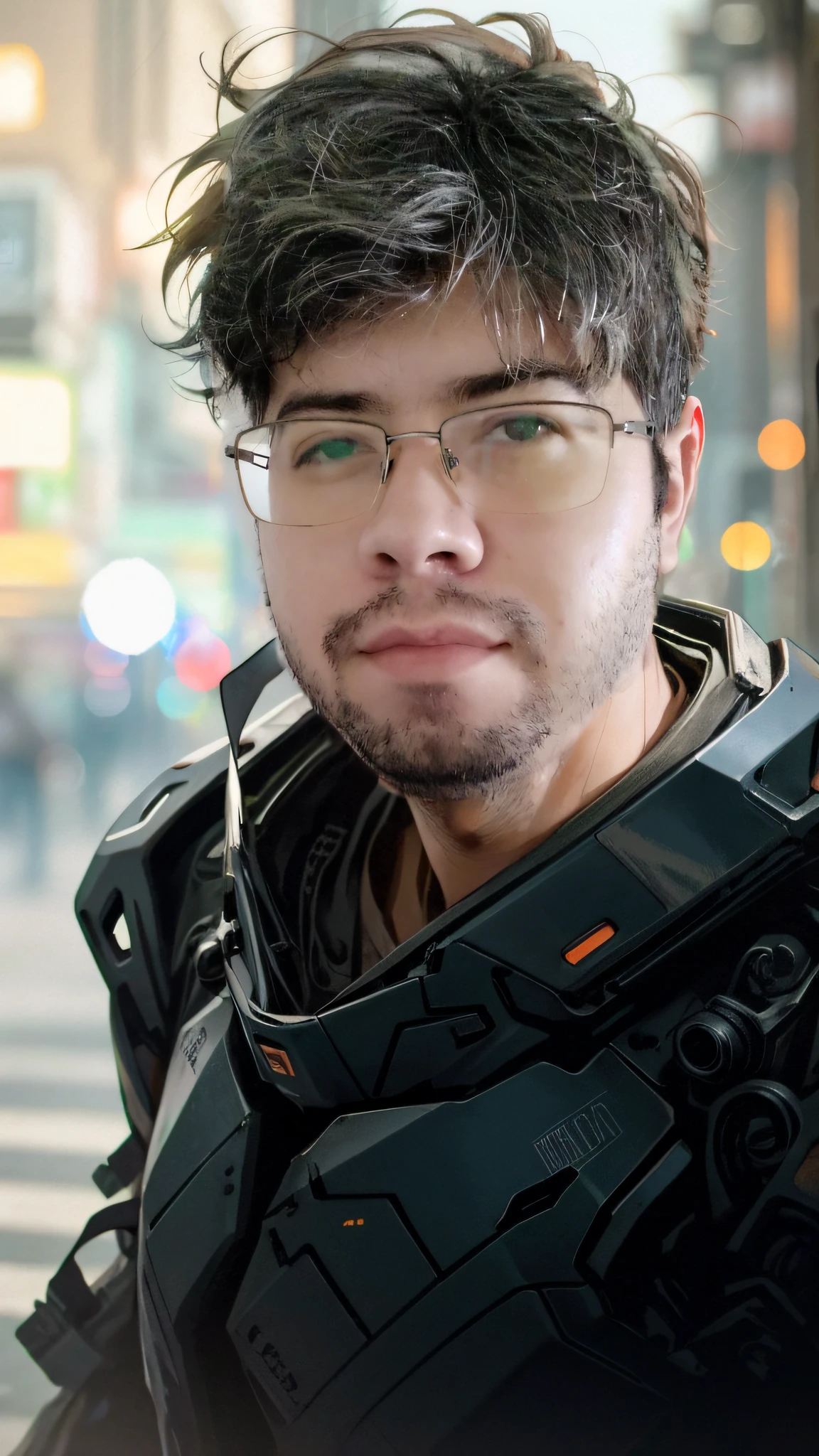 Portrait photo of an handsome male  ,perfect eyes ,  in a worn mecha exosuit,((light bokeh)), intricate, (steel metal [rust]), elegant, sharp focus, photo by greg rutkowski, soft lighting, vibrant colors, masterpiece, ((streets)), detailed face