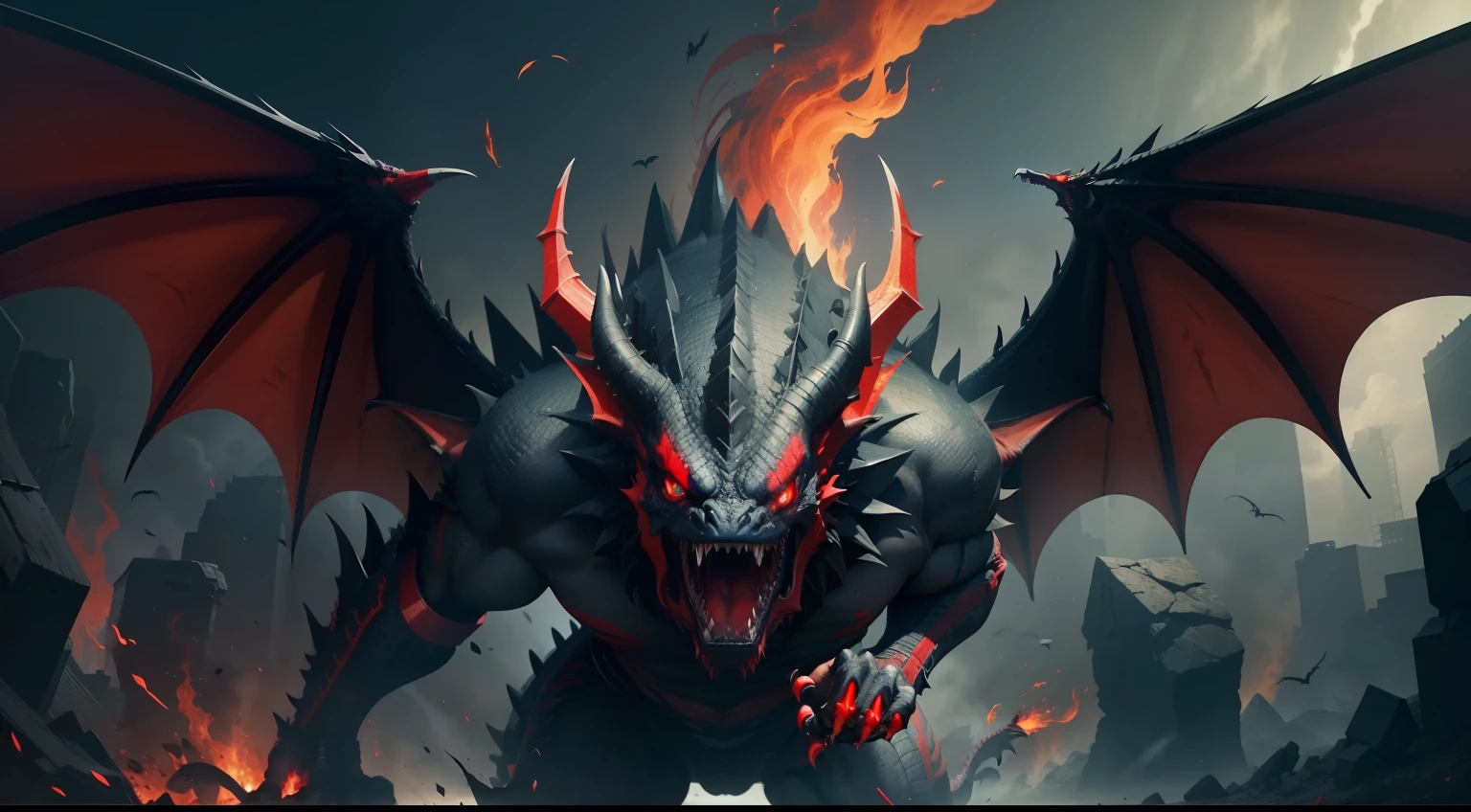 Very angry dragon black and red with bright blue eyes flying straight at the screen 3d fire all round,scary realistic affect