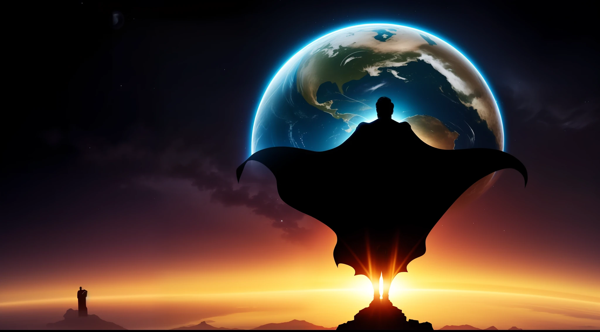 Silhouette of 1 man with a long cape flying over the planet standing, Panoramic view from behind with open arms, universo