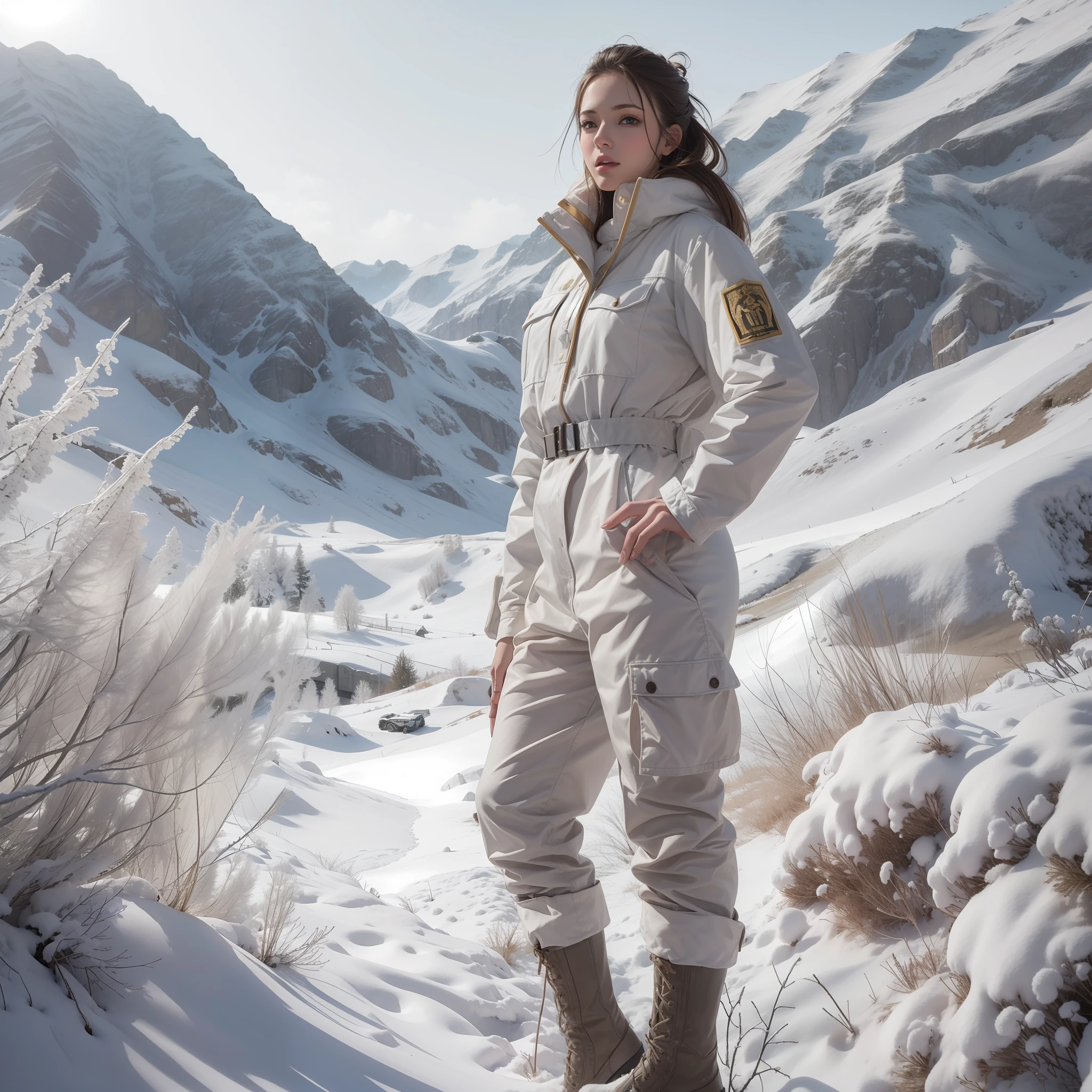 Tall beautiful woman well attractive with military clothing holding a 12 with snow scenery white camouflaged clothes with the best quality best effects best shadows best lighting 8k