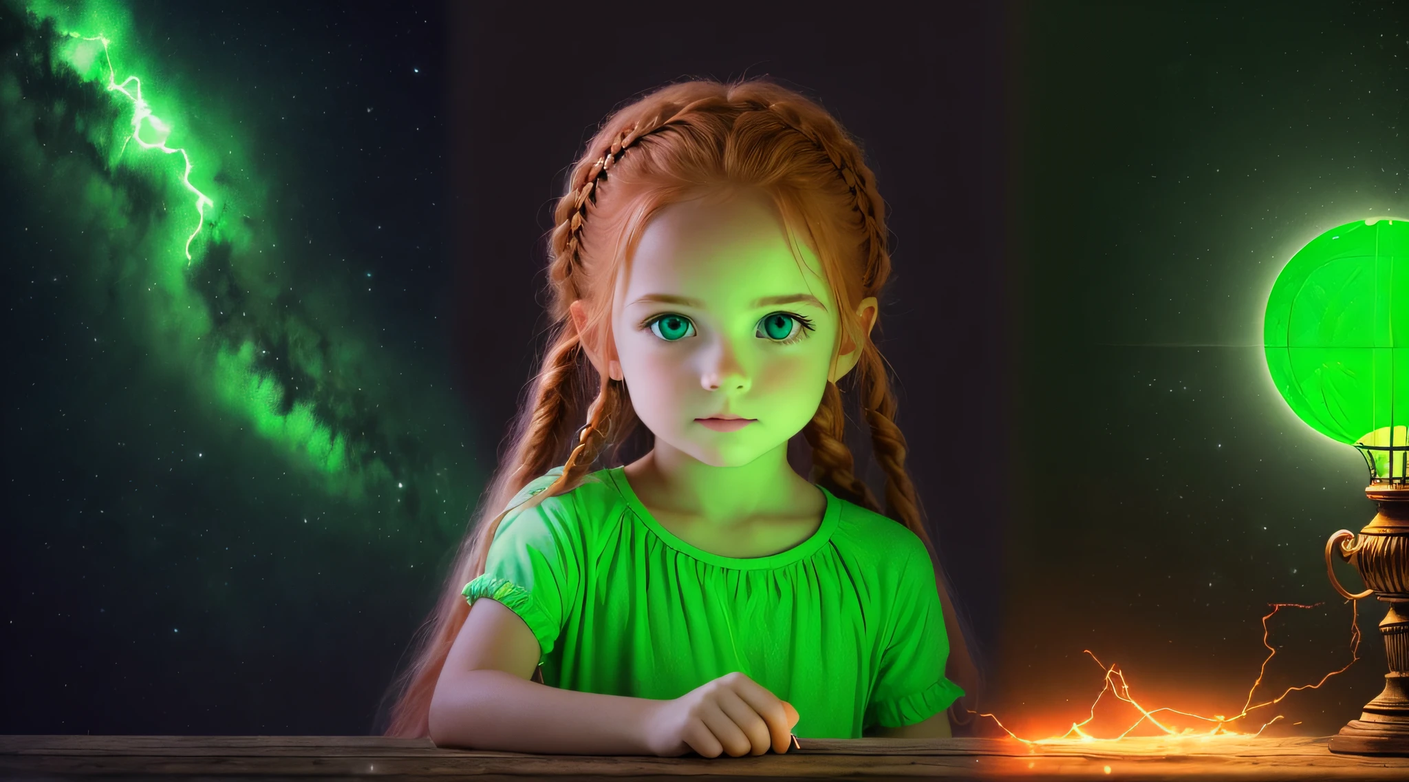 meNINAS KIDS REDHEADS BRAIDS holding a lamp in hand, verde brilhante, brilho verde, green lighting, brilho verde, photo manipulation, Magia Verde, he is casting a lighting spell, luz verde, energia verde, neon verde, Aura verde,  girl with magical powers, amazing color photograph, Luz ambiente verde, brilho radioativo verde, photo - manipulation, amazing photo