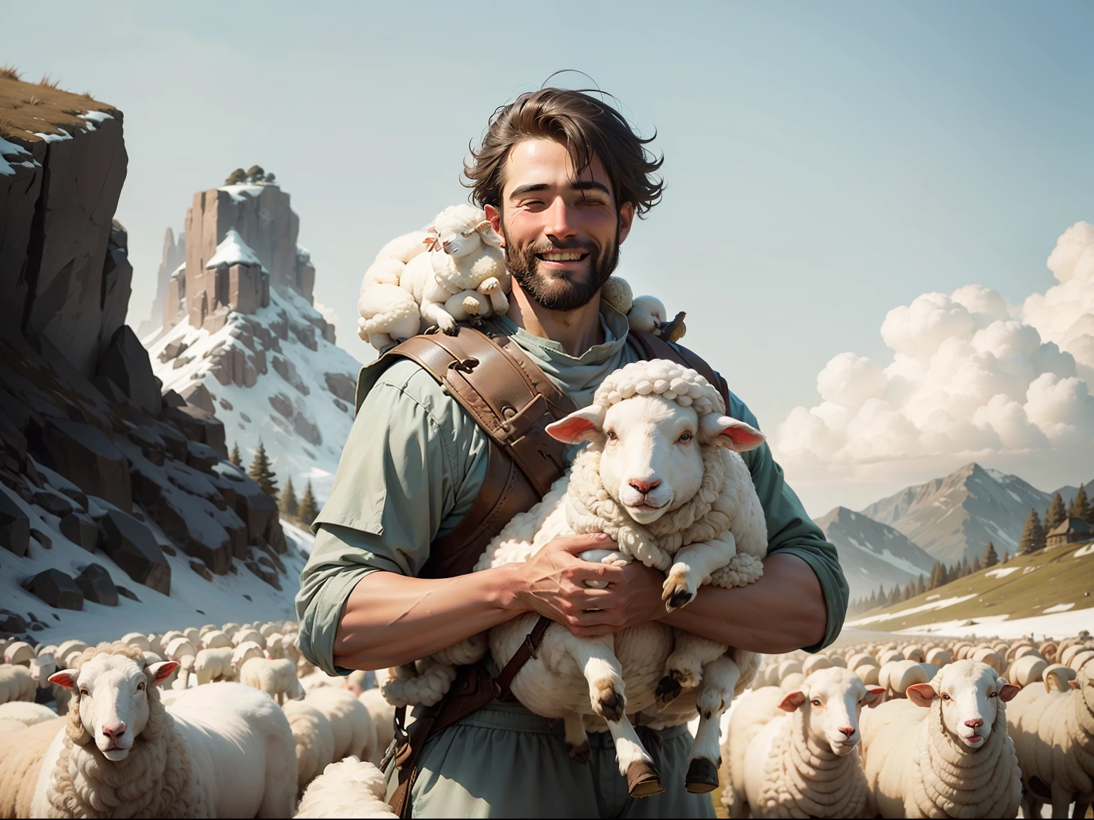 The shepherd joyfully carrying the found sheep on his shoulders.